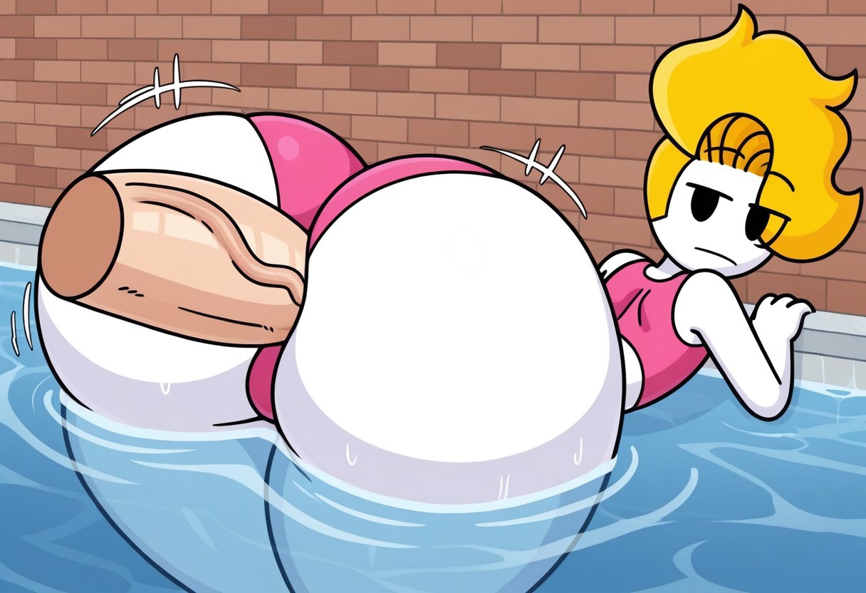 2boys, ai generated, ass, big ass, big butt, bikini, black eyes, blonde hair, bryson (haminations), butt, fat ass, fat butt, haminations, haminations swallower, huge ass, huge butt, in water, looking at viewer, looking back, looking back at viewer, male, male only, penis, penis in ass, pool, sex, thick ass, thick butt