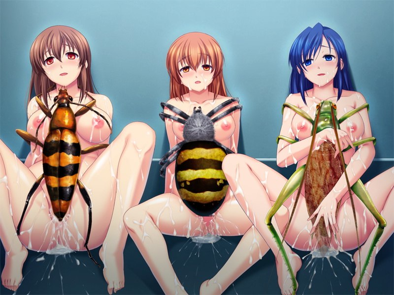 3girls, ass, blue eyes, blue hair, blush, breasts, brown hair, chiba tetsutarou, completely nude, completely nude female, cum, cum in pussy, cum inside, female, impregnation, insects, interspecies, interspecies impregnation, long hair, male, missionary, missionary position, monster, nipples, nude, nude female, open mouth, penetration, pussy, red hair, size difference, spread legs, vaginal penetration, wide hips, zoophilia