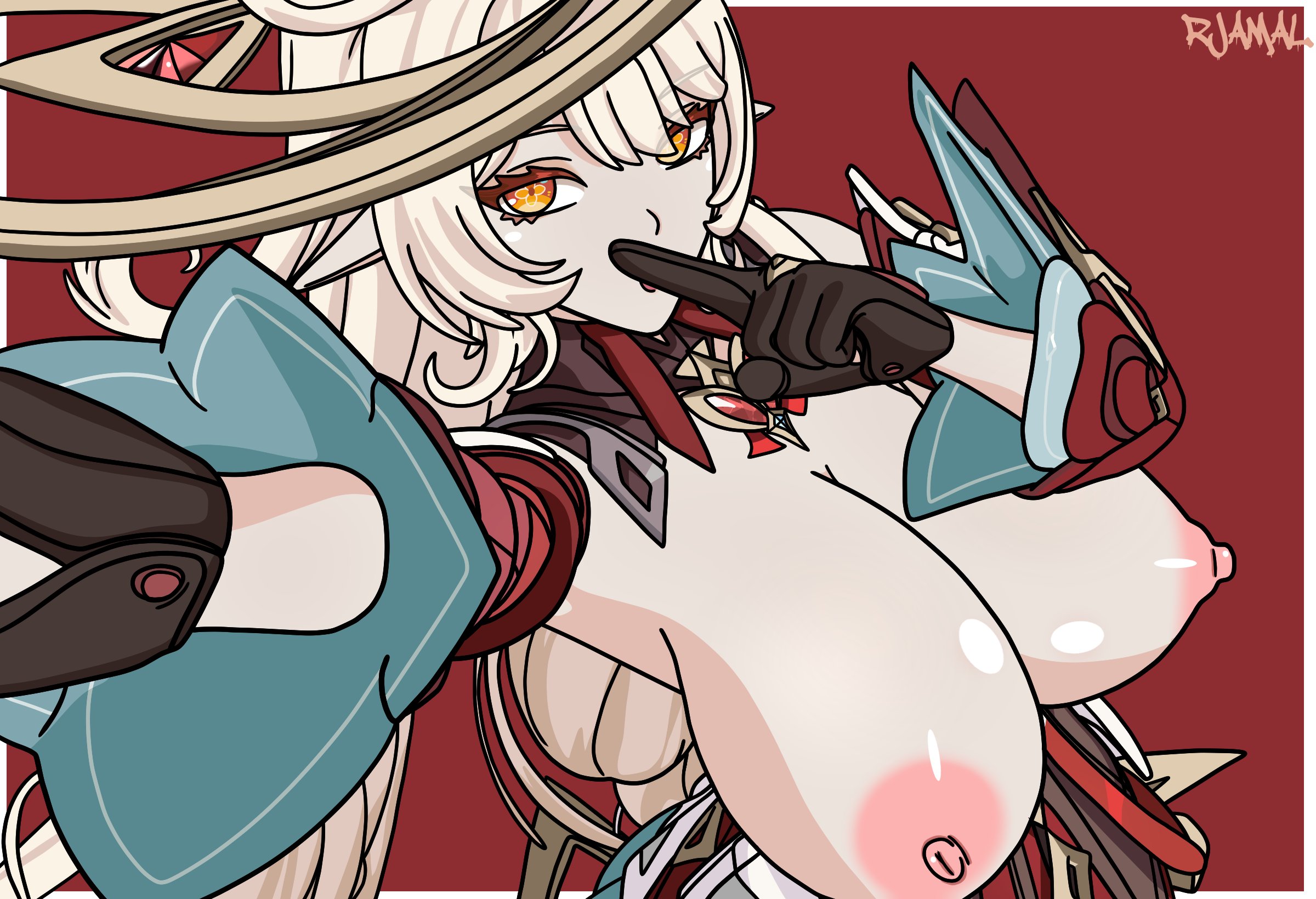 1girls, 2025, absurd res, absurdres, alice (genshin impact), black gloves, breasts, female, female focus, female only, genshin impact, gloves, hat, hoyoverse, huge breasts, long hair, looking at viewer, mihoyo, nipples, orange eyes, pointy ears, red background, rjamal, simple background, topless