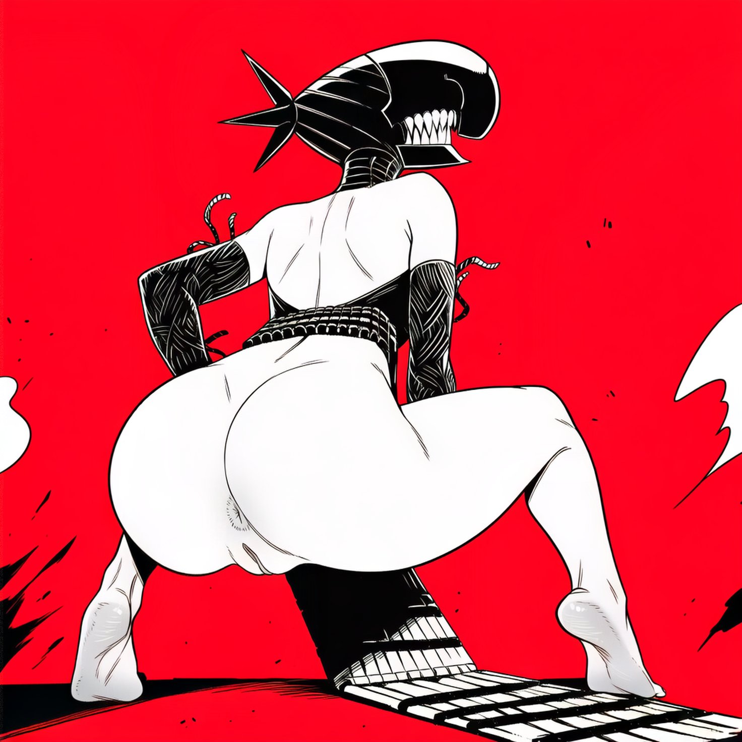 ai assisted, ai generated, anus, armwear, bomb devil, bomb devil (chainsaw man), bottomless, chainsaw man, feet, feet focus, female, kokenaart, pussy, reze (chainsaw man), simple background, smoke, soles, solo