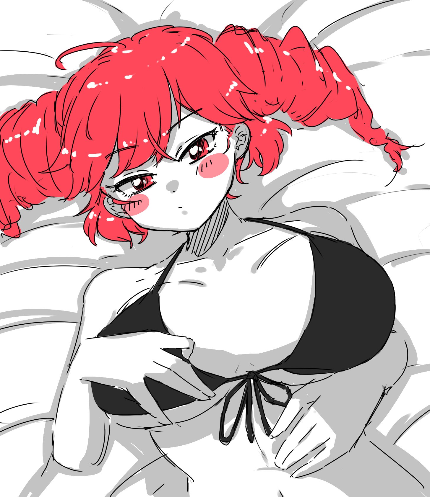 1girls, 2d, 2d (artwork), ahoge, belly, big breasts, bikini, bikini top, blush, blush lines, breasts, breasts focus, cleavage, colored sketch, fat breasts, female, female only, high-angle view, huge breasts, japanese text, kasane teto, large breasts, laying down, laying on back, laying on bed, looking at viewer, massive breasts, midriff, navel, on bed, oshijuu748, plump, plump breasts, red eyes, red hair, round breasts, sketch, skindentation, slim waist, solo, solo female, speech bubble, sweat, sweating, sweaty breasts, text, top heavy, twin drills, upper body, upper body focus, utau