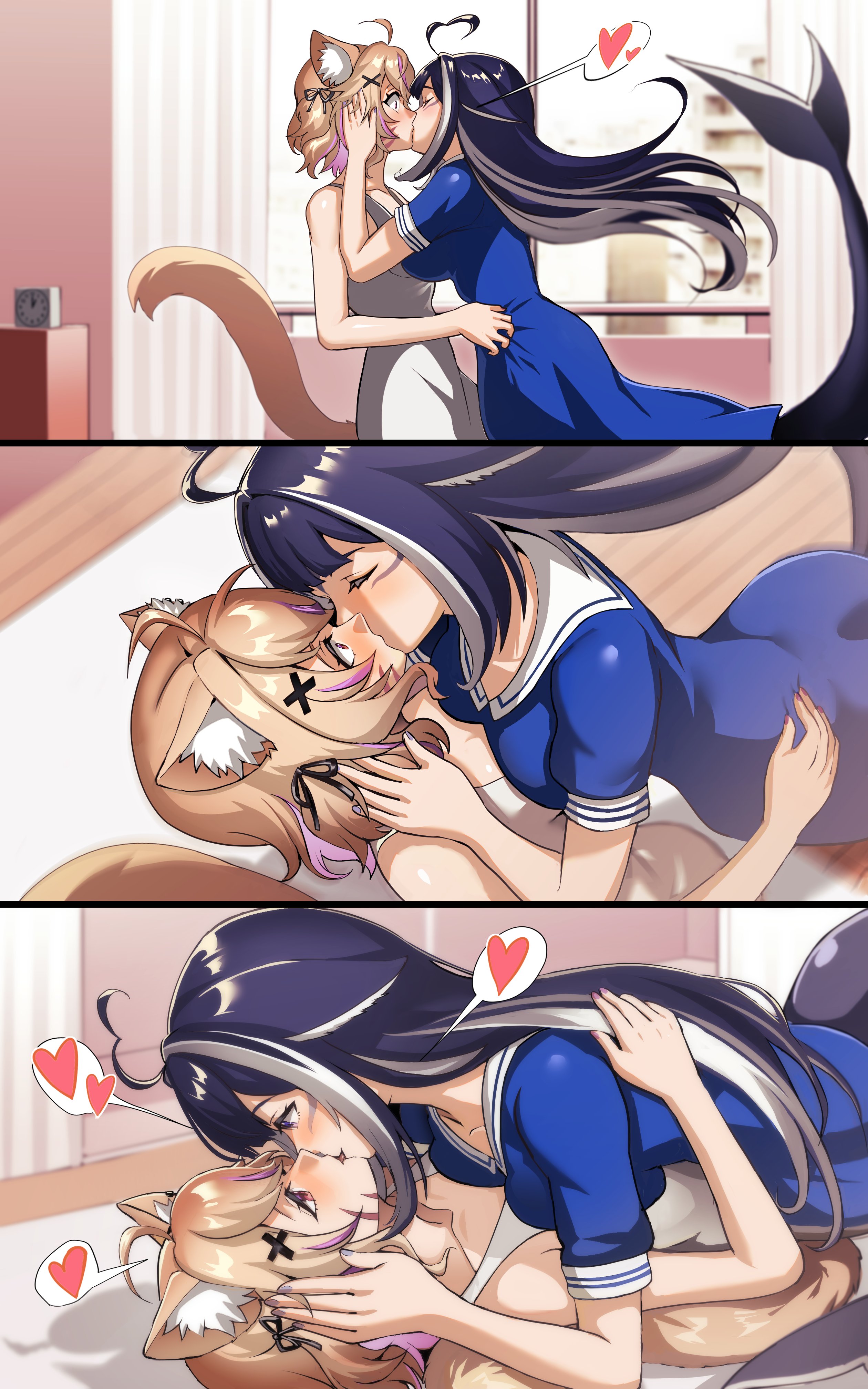 2girls, ahoge, animal ears, black hair, blush, brown hair, eye contact, female, female only, female/female, heart, indie virtual youtuber, kissing, lesbian kiss, long hair, sailor collar, school uniform, short sleeves, shylily, spoken heart, squchan (vtuber), tail, thick eyebrows, virtual youtuber, vtuber, vyugen, yuri