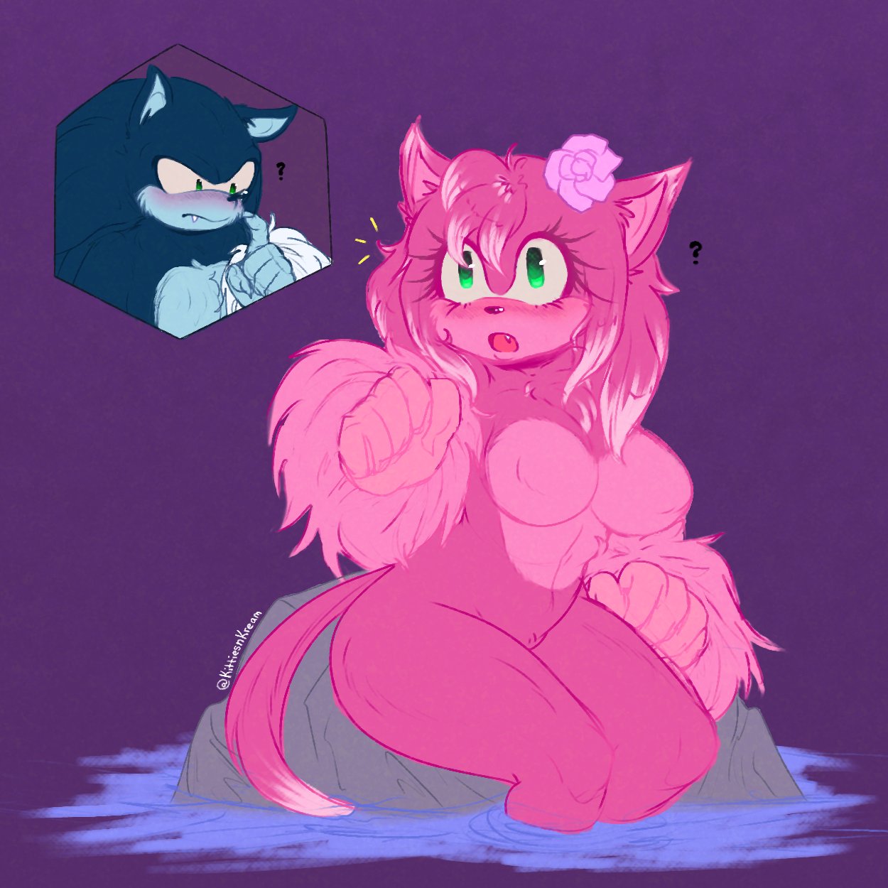 1boy, 1girls, amy rose, amy rose the werehog, anthro, anthro only, blue fur, blush, breasts, completely nude, completely nude female, female, female focus, fur, green eyes, kittiesnkream, male, naked, naked female, nude, nude female, pink fur, sonic (series), sonic the hedgehog, sonic the hedgehog (series), sonic the werehog, tail, werehog