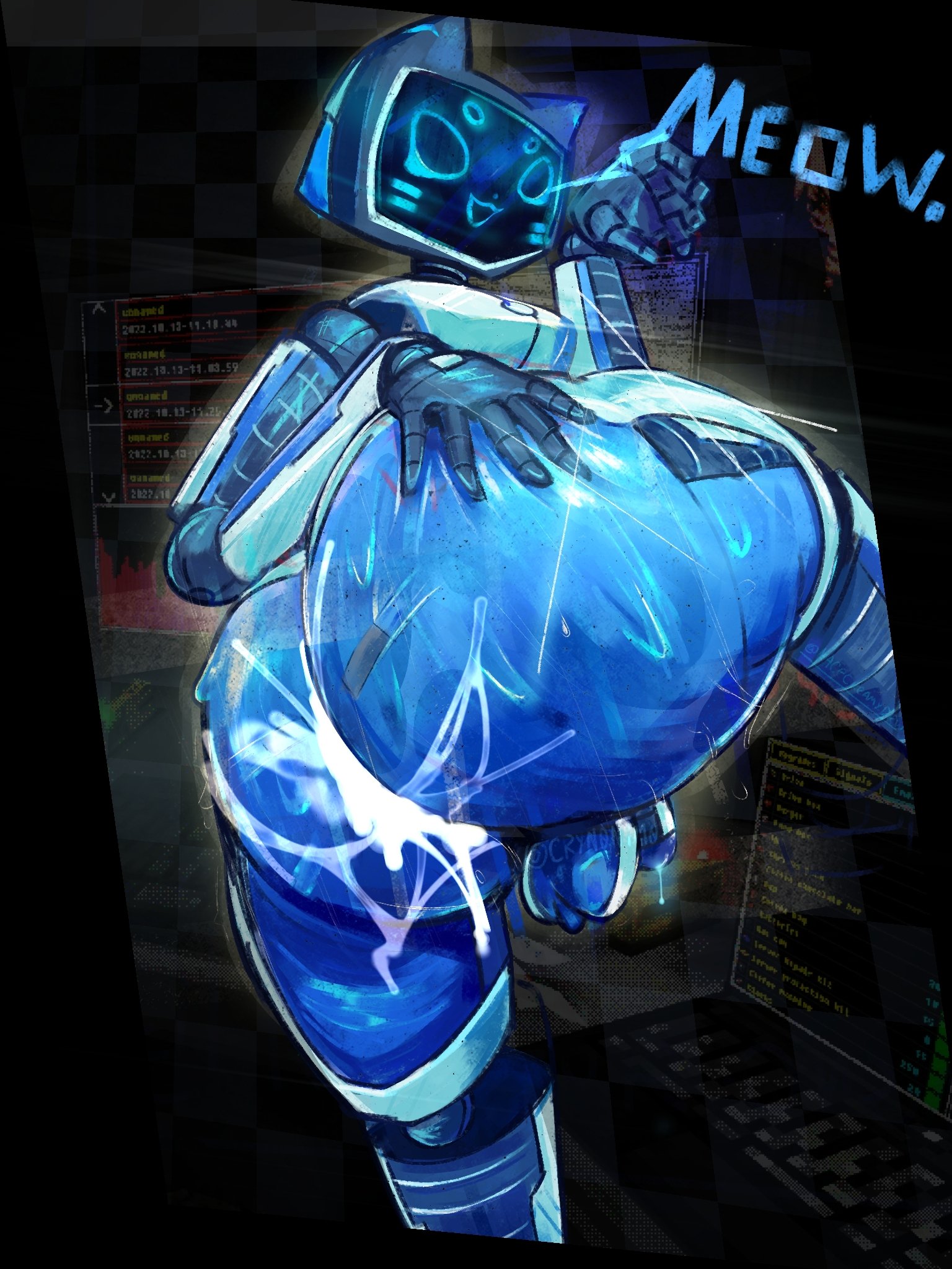 1boy, after sex, android, big ass, blue body, blue fur, blue skin, bubble ass, bubble butt, catboy, cum, cum in ass, cum inside, cute, feline, femboy, kerfur, kerfur omega (votv), looking at viewer, looking back, male only, nesaki the artist, precum, precum drip, presenting hindquarters, robot, screen face, shiny, shiny ass, shiny skin, sweat, sweatdrop, sweating, tape, visor, voices of the void, whynesaki