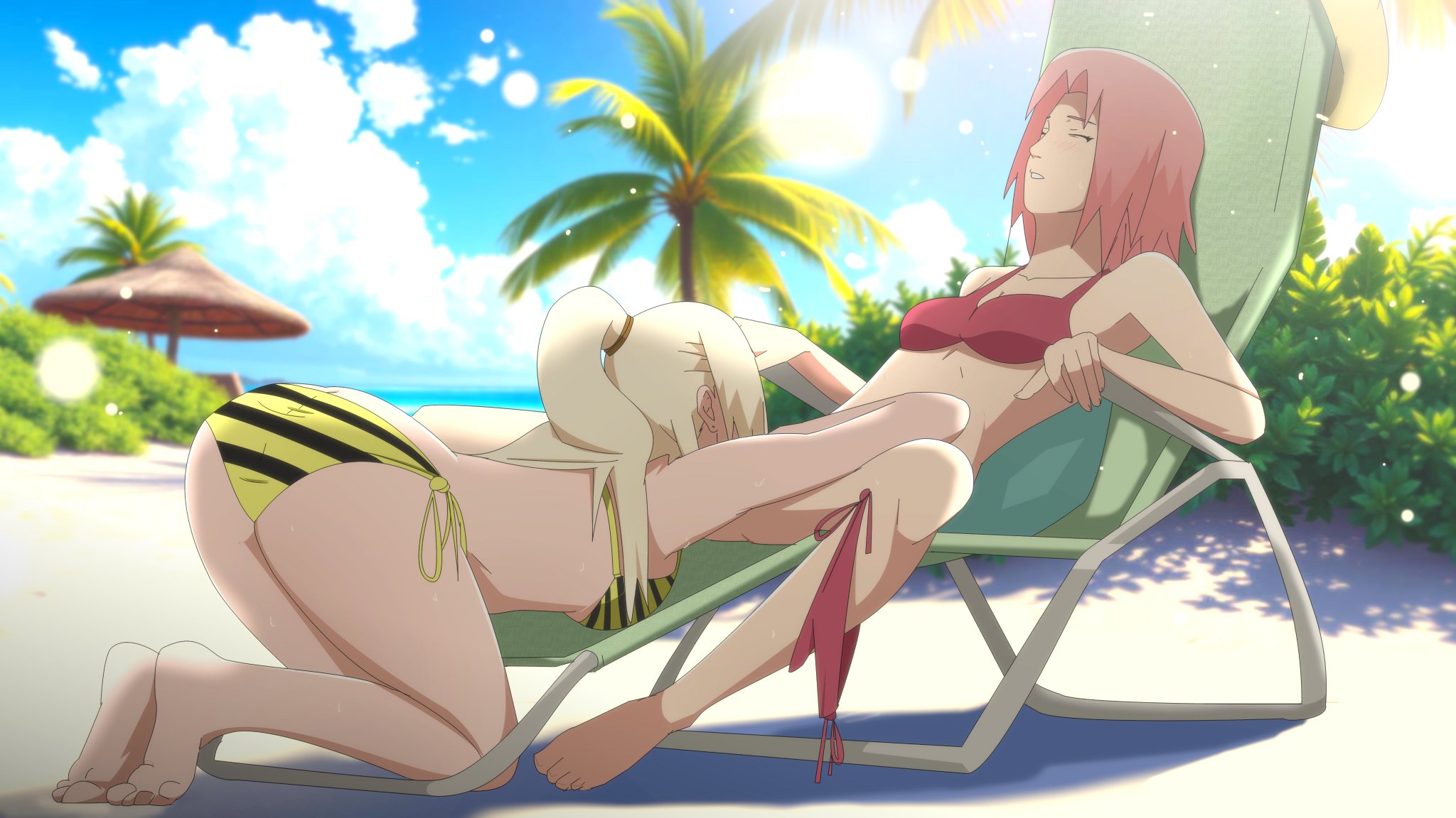 2girls, beach, before sex, big breasts, bikini, bikini tan, blonde hair, blue eyes, breast size difference, breasts, chair, cleavage, cuddling, cunnilingus, curvaceous, dusk, face to face, female, female only, green eyes, ino yamanaka, interlocked fingers, kissing, looking at another, lying on back, multiple females, multiple girls, naruto, naruto (series), naruto shippuden, optimystic, oral, outdoors, petite, pink hair, ponytail, sakura haruno, sand, seaside, sex, small breasts, swimsuit, upper body, yuri