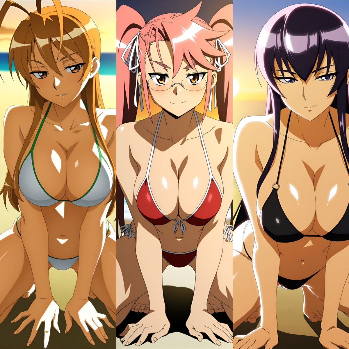 3girls, ai generated, bikini, black bikini, black hair, blonde hair, clothed, clothed female, duderu vanilla, female, female only, halter bikini, halterneck, highschool of the dead, multiple girls, pink hair, red bikini, rei miyamoto, saeko busujima, saya takagi, swimsuit, white bikini