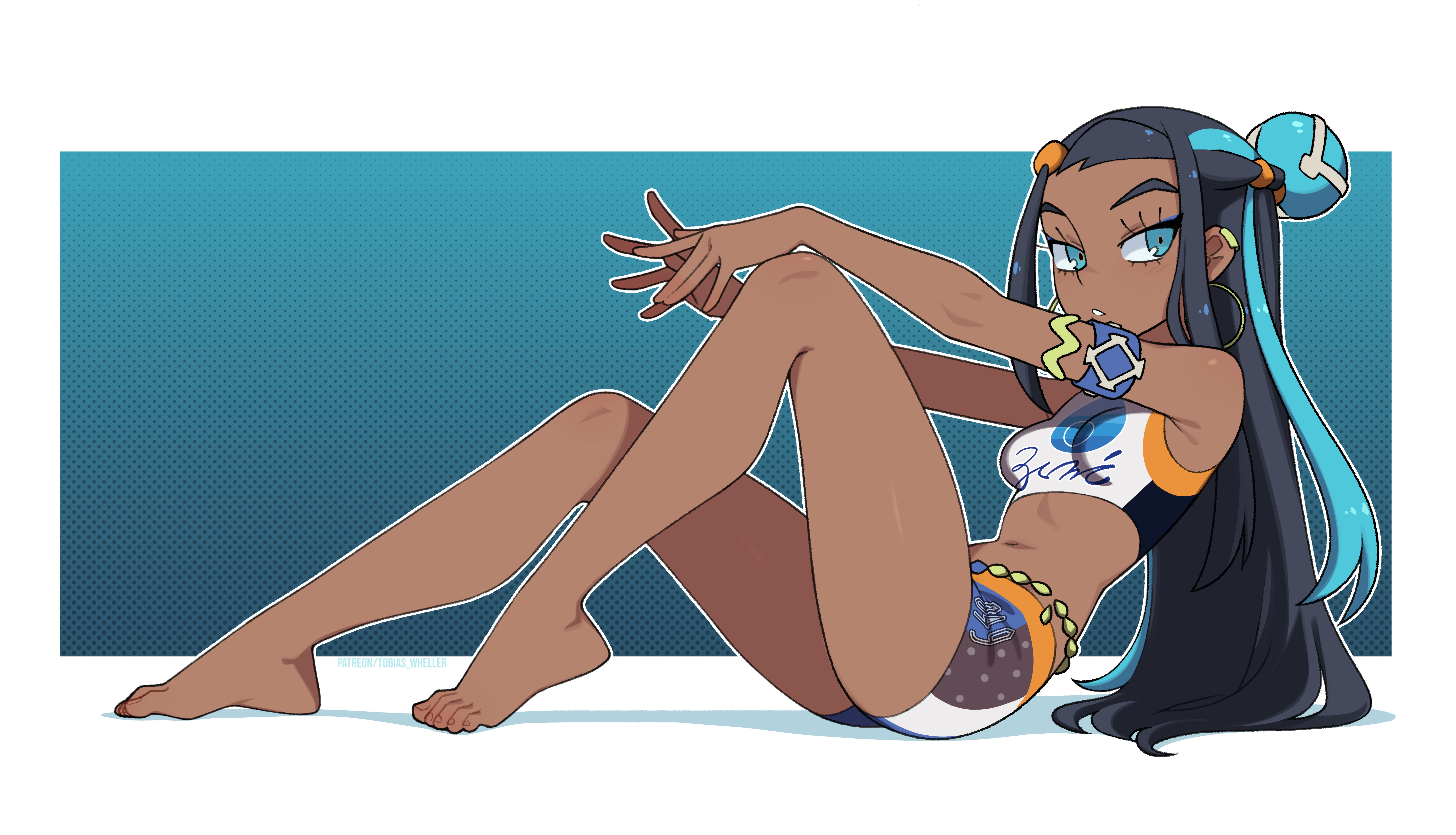 1girls, absurdres, armband, armlet, athletic female, bare arms, bare legs, bare shoulders, barefoot, belly chain, black hair, blue eyes, blue eyeshadow, blue hair, breasts, commentary, crop top, cute, cute pose, dark skin, dark-skinned female, earclip, earrings, english commentary, eyeshadow, feet, female, female only, from side, full body, hands on knee, highres, hoop earrings, jewelry, legs, long hair, looking at viewer, makeup, midriff, multicolored hair, navel, nessa (pokemon), nintendo, outline, outstretched arms, parted lips, pinup, pokemon, pokemon ss, pokemon swsh, short shorts, shorts, simple background, sitting, small breasts, solo, streaked hair, tobias wheller, toes, two-tone hair, white outline