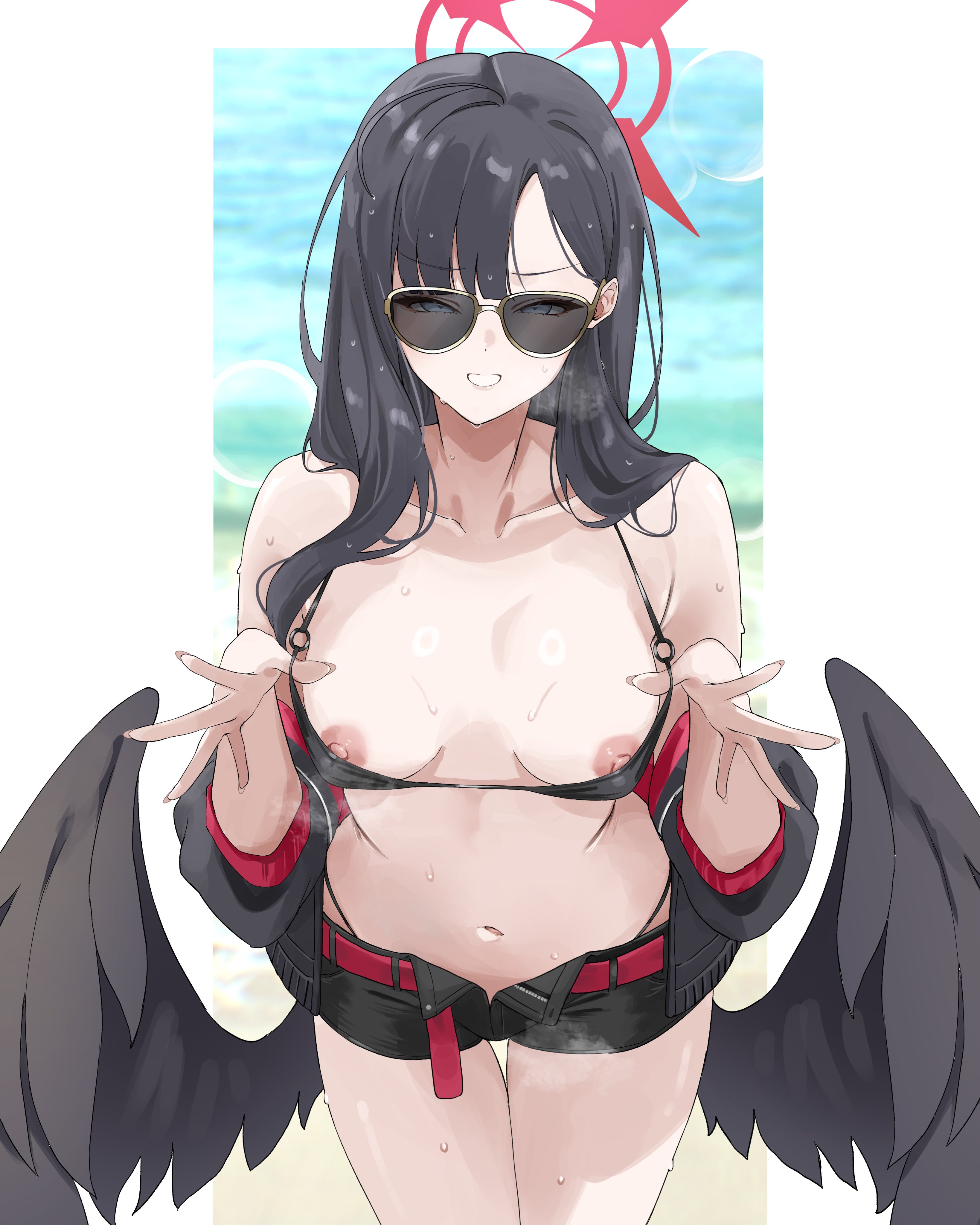 1girls, areolae, asymmetrical bangs, bare shoulders, bikini, bikini top, black bikini, black bikini top, black bra, black hair, black swimsuit, blue archive, bra, breasts out, collarbone, detached sleeves, exposed breasts, eyelashes, female, female only, fingers, grin, halo, highres, ichika (blue archive), ichika (swimsuit) (blue archive), light skin, light-skinned female, long hair, looking at viewer, medium breasts, miz blank, nails, narrowed eyes, navel, nipples, pov, presenting, presenting breasts, pulling bikini down, sea, shorts, sidelocks, small breasts, smile, solo, standing, steaming body, sunglasses, sweat, swimsuit, tinted eyewear, unbuttoned shorts, unzipped shorts, waist, wings