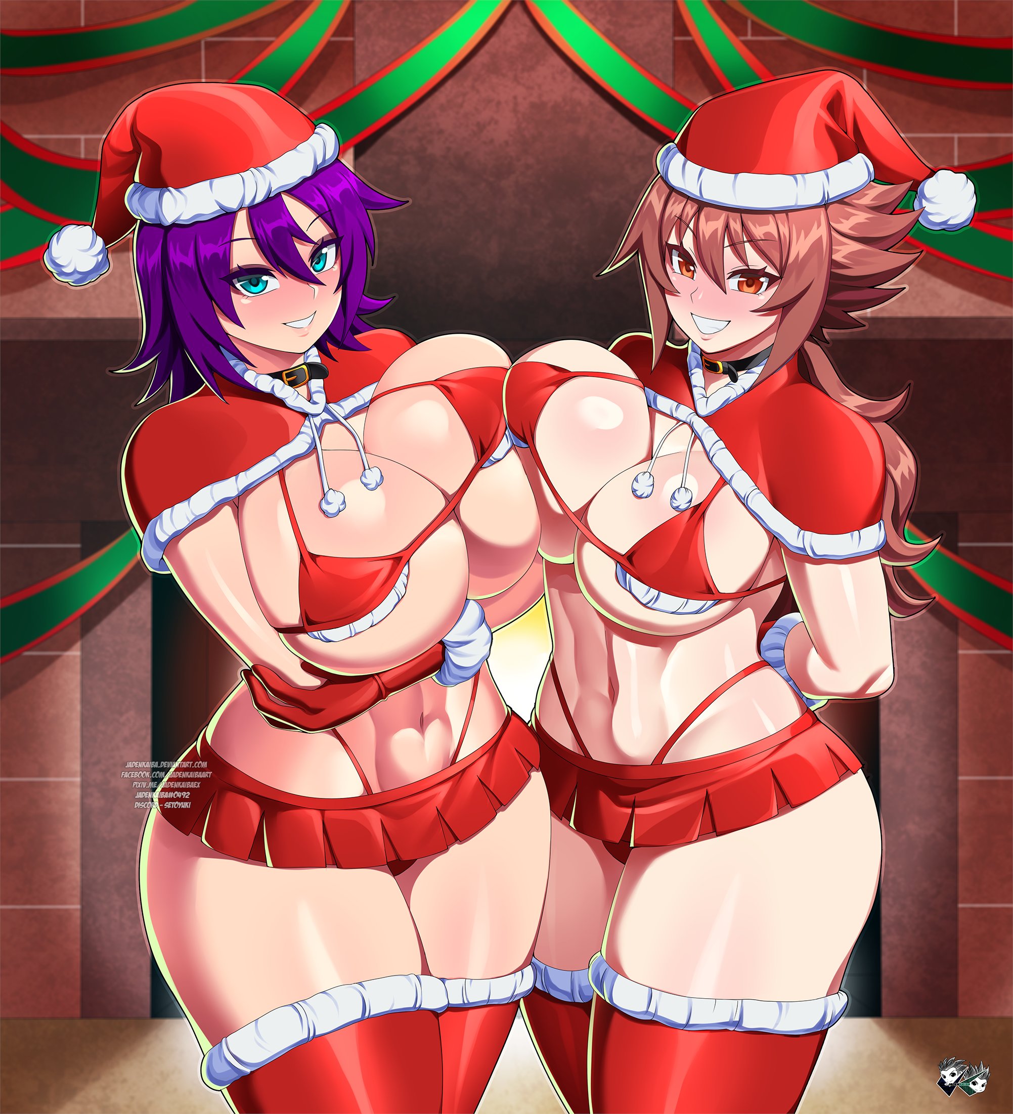 2girls, asian, asian female, bikini top, blue eyes, blush, breasts, brown eyes, brown hair, christmas, christmas outfit, docking, female, hat, hi res, huge breasts, jadenkaiba, looking at viewer, miniskirt, purple hair, santa hat, school fight, skirt, smiling, smiling at viewer, thick thighs, thong, underboob, yui rakkuza