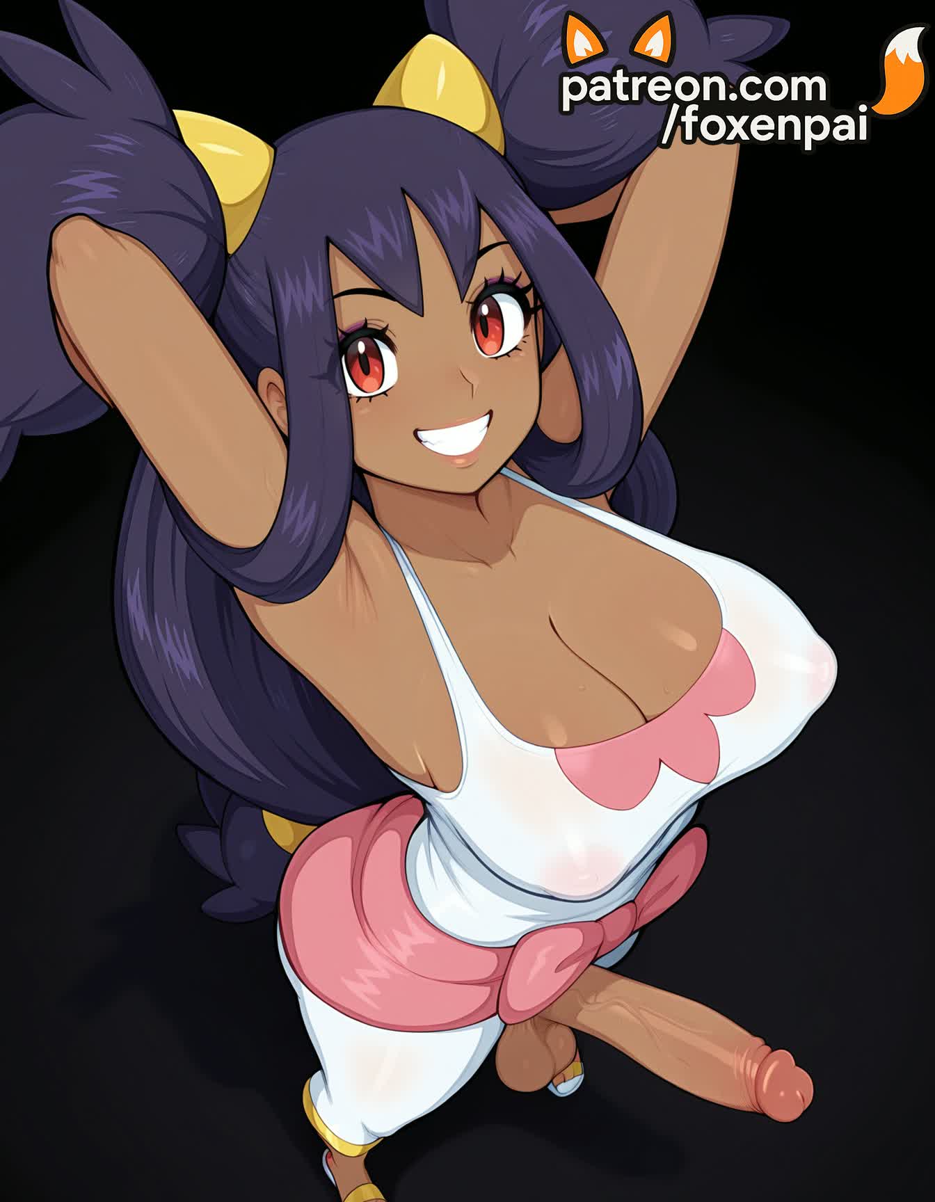 1futa, 2025, ai generated, armpits, arms behind head, arms up, artist name, breasts, bust, chest, cleavage, cock, covered nipples, dark skin, dark-skinned female, dick, erection, foreskin, foxenpai, futanari, grin, hi res, high quality, high resolution, highres, huge cock, iris (pokemon), large penis, long hair, patreon, patreon username, penis, pokemon, precum, smile, stable diffusion, testicles, uncensored, veins, veiny penis, watermark