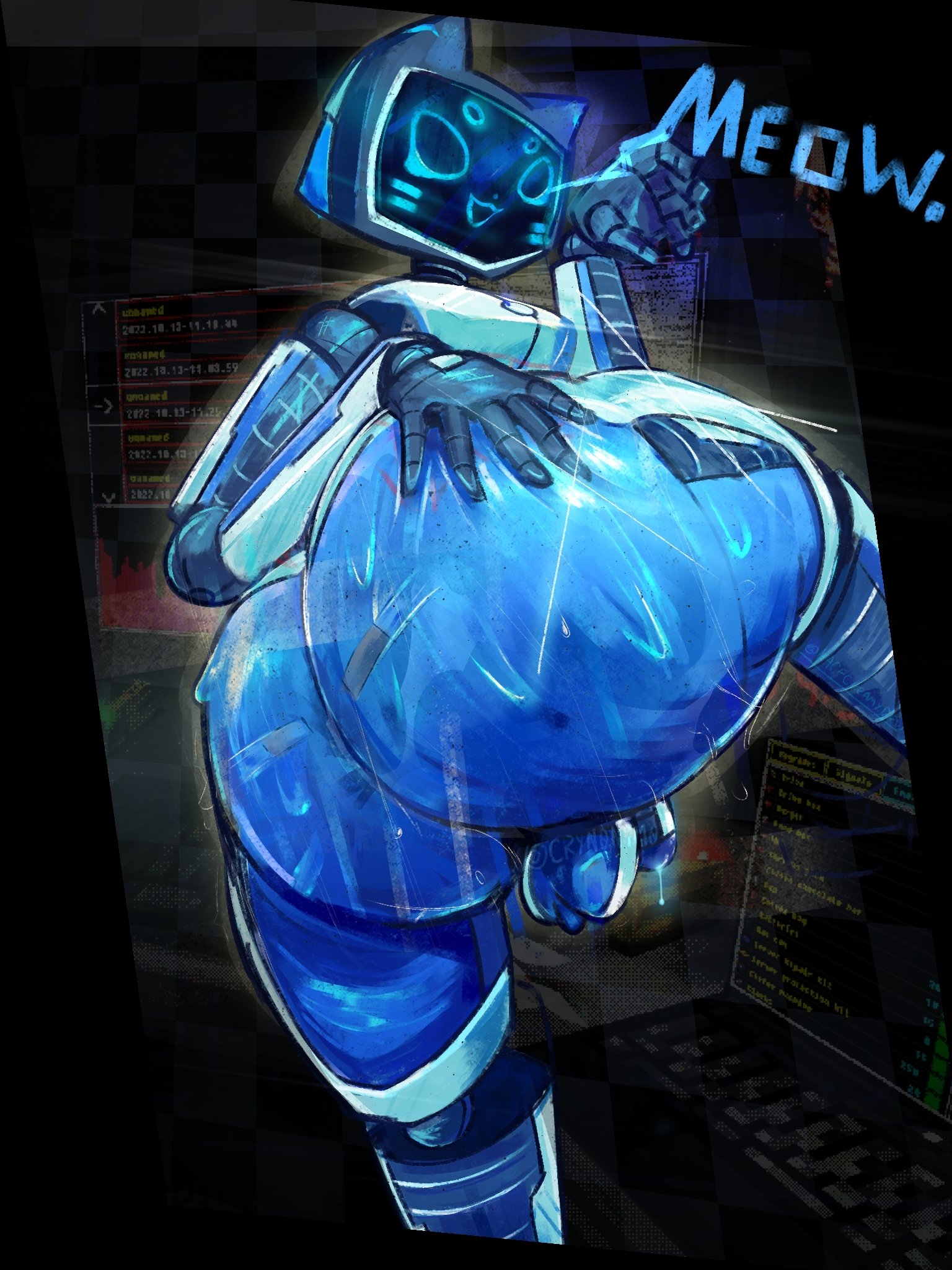 android, big ass, blue body, blue fur, blue skin, bubble ass, catboy, cum, cute, feline, femboy, kerfur, kerfur omega (votv), male only, nesaki the artist, robot, screen face, shiny, shiny skin, sweat, sweatdrop, sweating, tape, visor, voices of the void, whynesaki