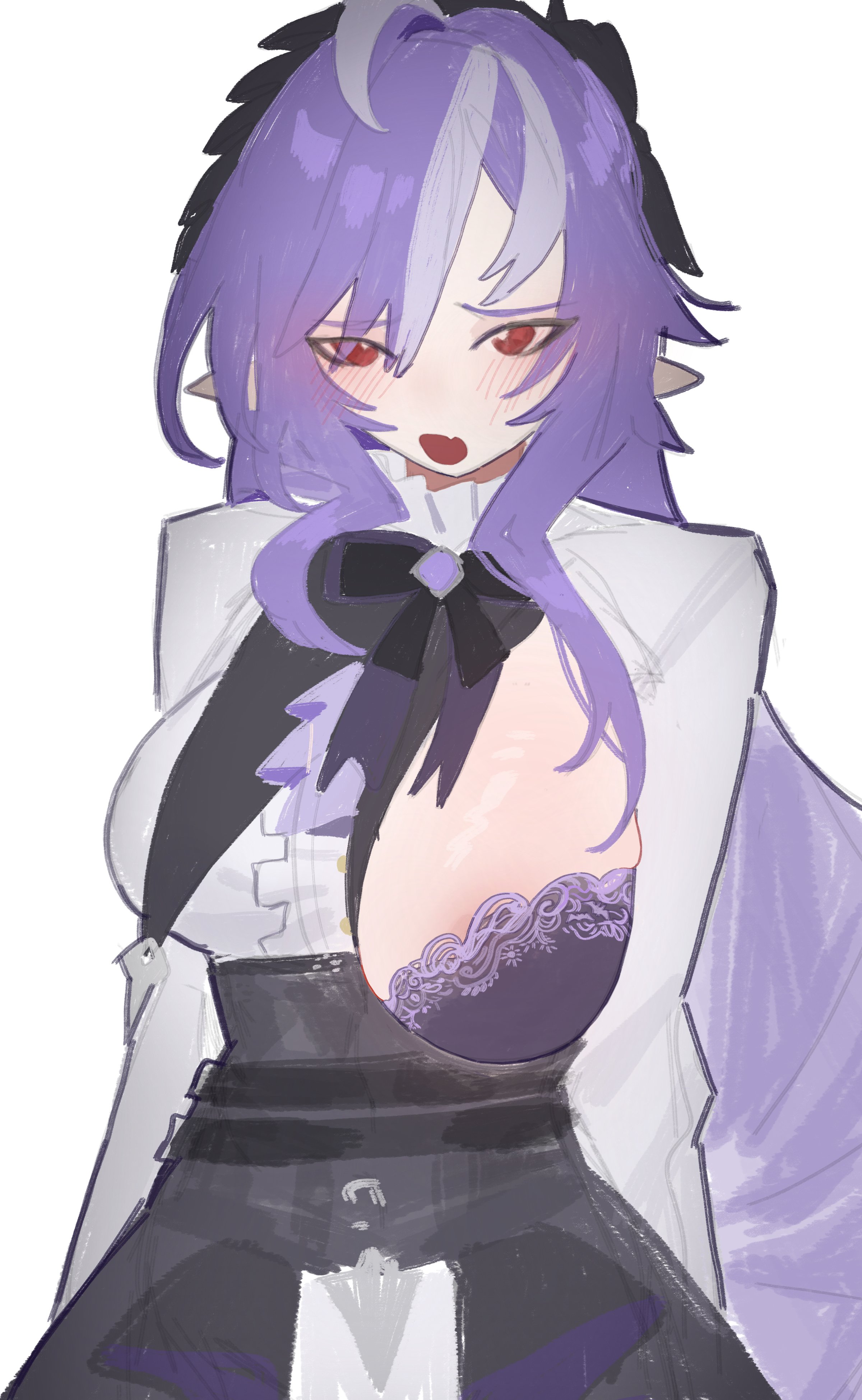 artist request, big breasts, bra, busty, elf ears, hoyoverse, izaru, knife ears, large breasts, light skin, light-skinned female, mihoyo, mostly clothed, one breast out, one breast out of clothes, pointy ears, purple hair, red eyes, underwear, vivian banshee, zenless zone zero
