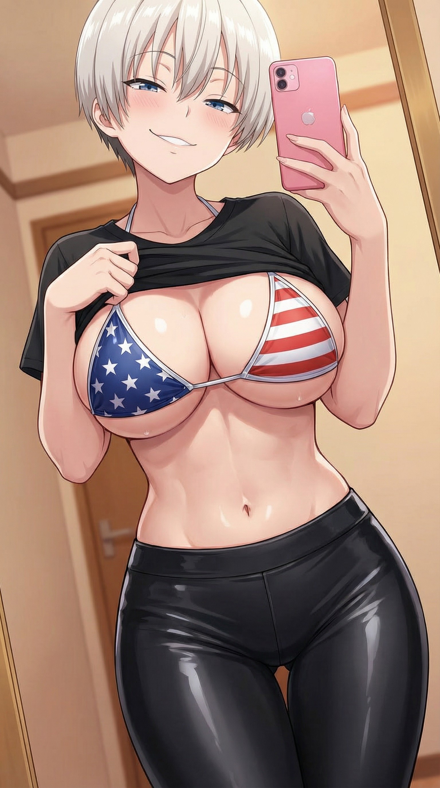 1female, 1girls, ai generated, american flag bikini, bikini, blue eyes, female focus, grey hair, holding phone, indoors, inside, lifting shirt, mirror, mirror selfie, phone, selfie, shirt lift, short hair, smile, smiling, solo, solo female, solo focus, underboob, uzaki hana, uzaki-chan wa asobitai!