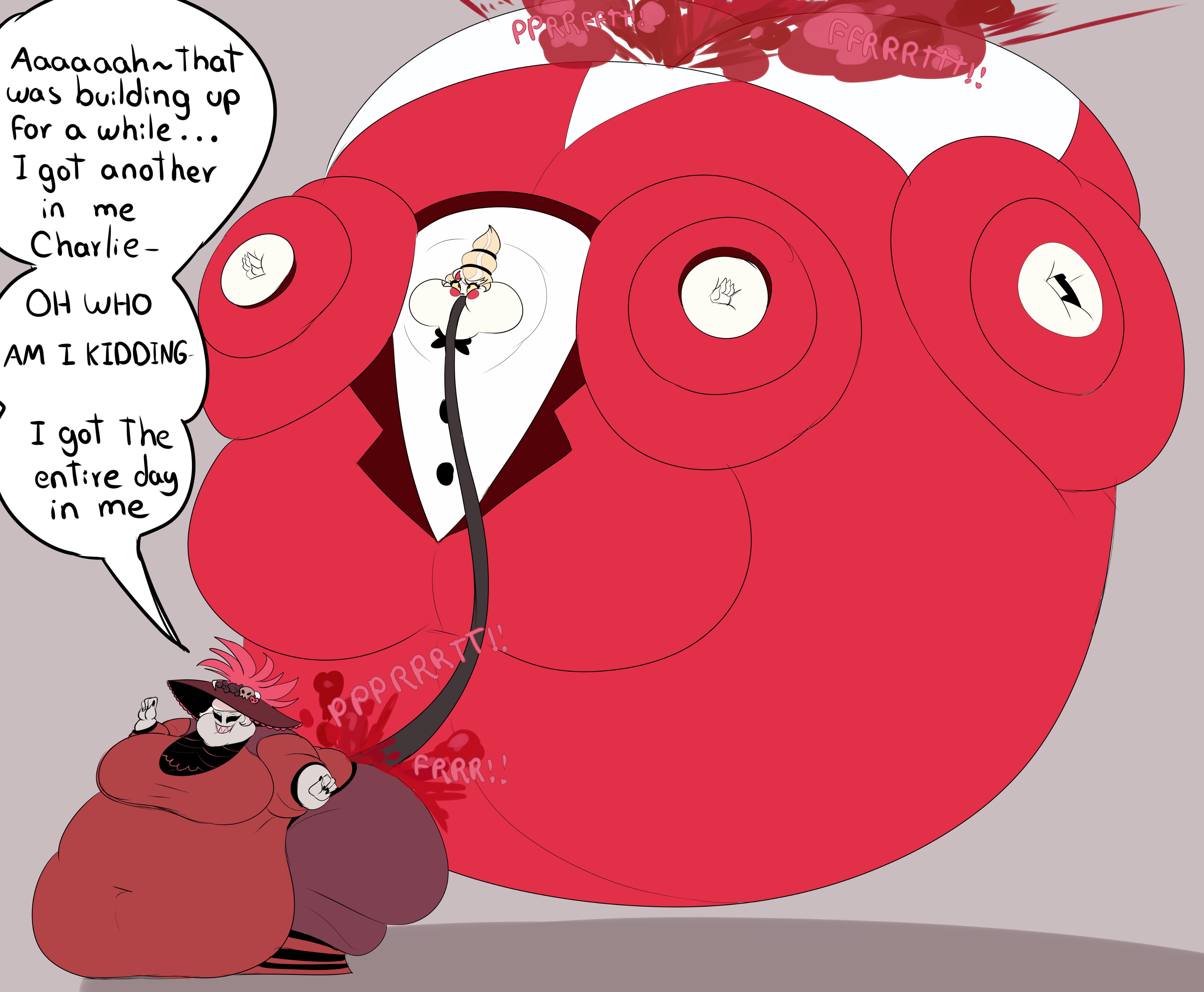 charlie morningstar (hazbin hotel), fart, fart cloud, fart fetish, fart inflation, farting, farting in face, fatass, feeding farts, garazune, hazbin hotel, inflation, obese, rosie (hazbin hotel)