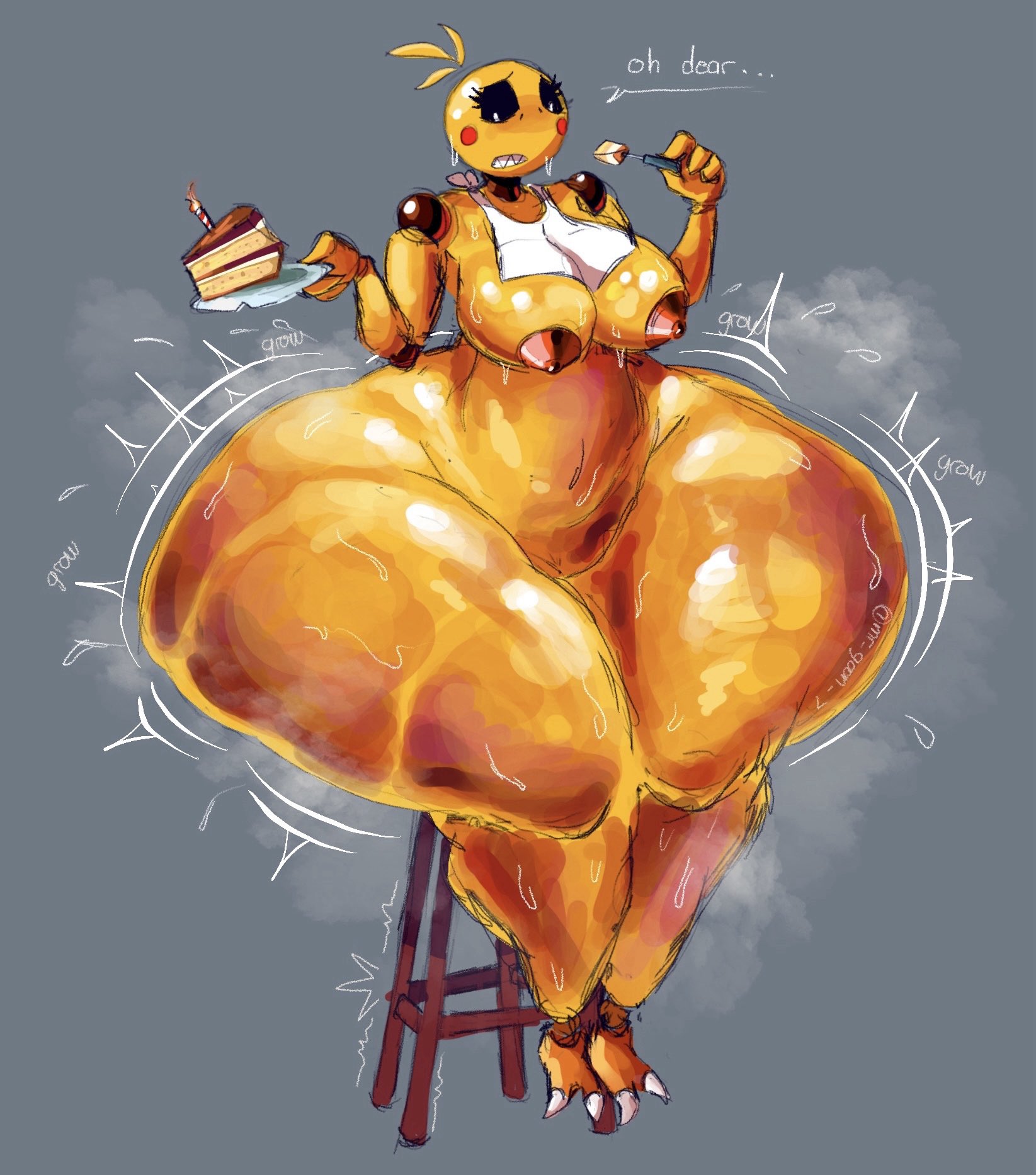 1girls, animatronic, animatronic female, anthro, anthro female, ass, ass bigger than head, ass bigger than torso, ass expansion, ass growth, beakless, bib, big ass, big breasts, black sclera, blumhouse productions, bottom heavy, breasts, breasts bigger than head, cake, caked up, chicken girl, clawed feet, curvy, curvy female, curvy figure, dialogue, eating, eating cake, expansion, expansion sequence, fat ass, female, female only, five nights at freddy's, five nights at freddy's 2, fork, functionally nude, functionally nude female, gigantic ass, hi res, huge ass, huge breasts, looking down, looking down at self, mr goon, nipples, nipples exposed, onomatopoeia, plate, red cheeks, robot, robot girl, robot humanoid, scottgames, segmented body, sharp teeth, shiny, shiny body, shiny nipples, shiny skin, simple background, sitting on stool, solid color background, solo, solo female, steamy, steamy body, sweat, sweatdrop, sweaty, sweaty body, text, thick thighs, toy chica (cyanu), toy chica (fnaf), underboob, voluptuous, voluptuous female, watermark, weight gain, weight gain sequence, white iris, white irises, wide hips, yellow skin, yellow skinned female