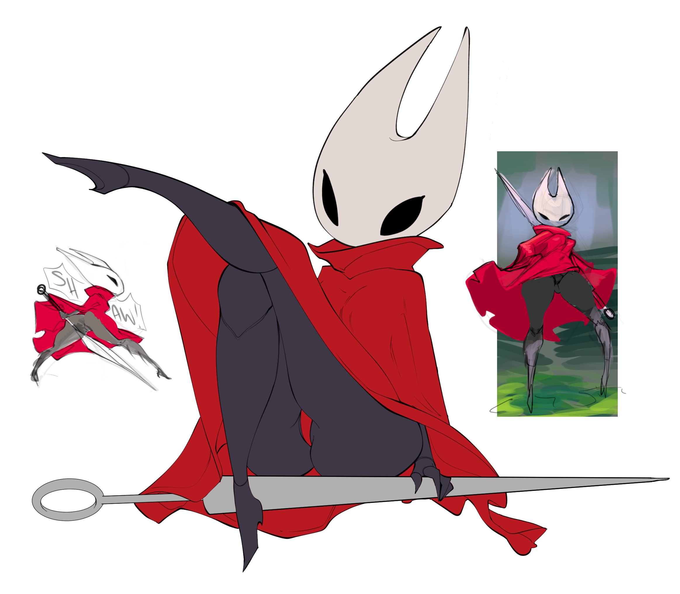 anthro, arthropod, black body, black eyes, cloak, clothing, empty eyes, eyelashes, female, front view, hi res, holding object, holding weapon, hollow knight, hornet (hollow knight), insects, red cloak, red clothing, shybred, simple background, sitting, solo, thick thighs, weapon, white background, white body, wide hips