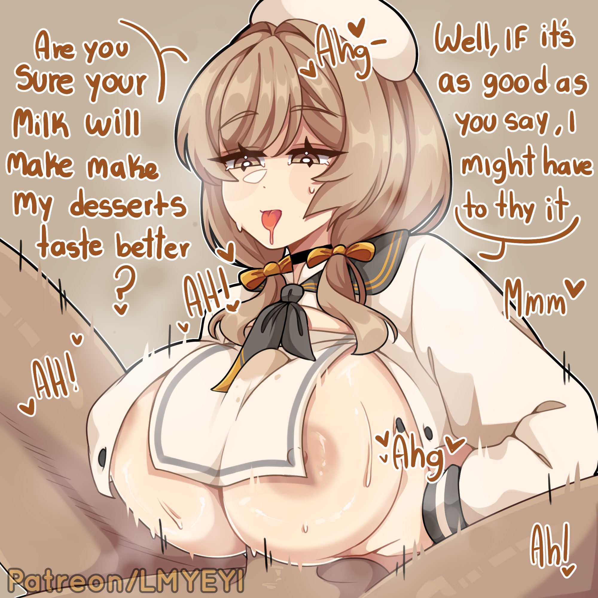 1boy, 1girls, bready (nikke), breasts, brown eyes, brown hair, dark-skinned male, english text, female, goddess of victory: nikke, large breasts, lmyeyi, male, matching hair/eyes, nipples, paizuri, paizuri under clothes, penis, penis between breasts, spread legs, text, tongue, tongue out