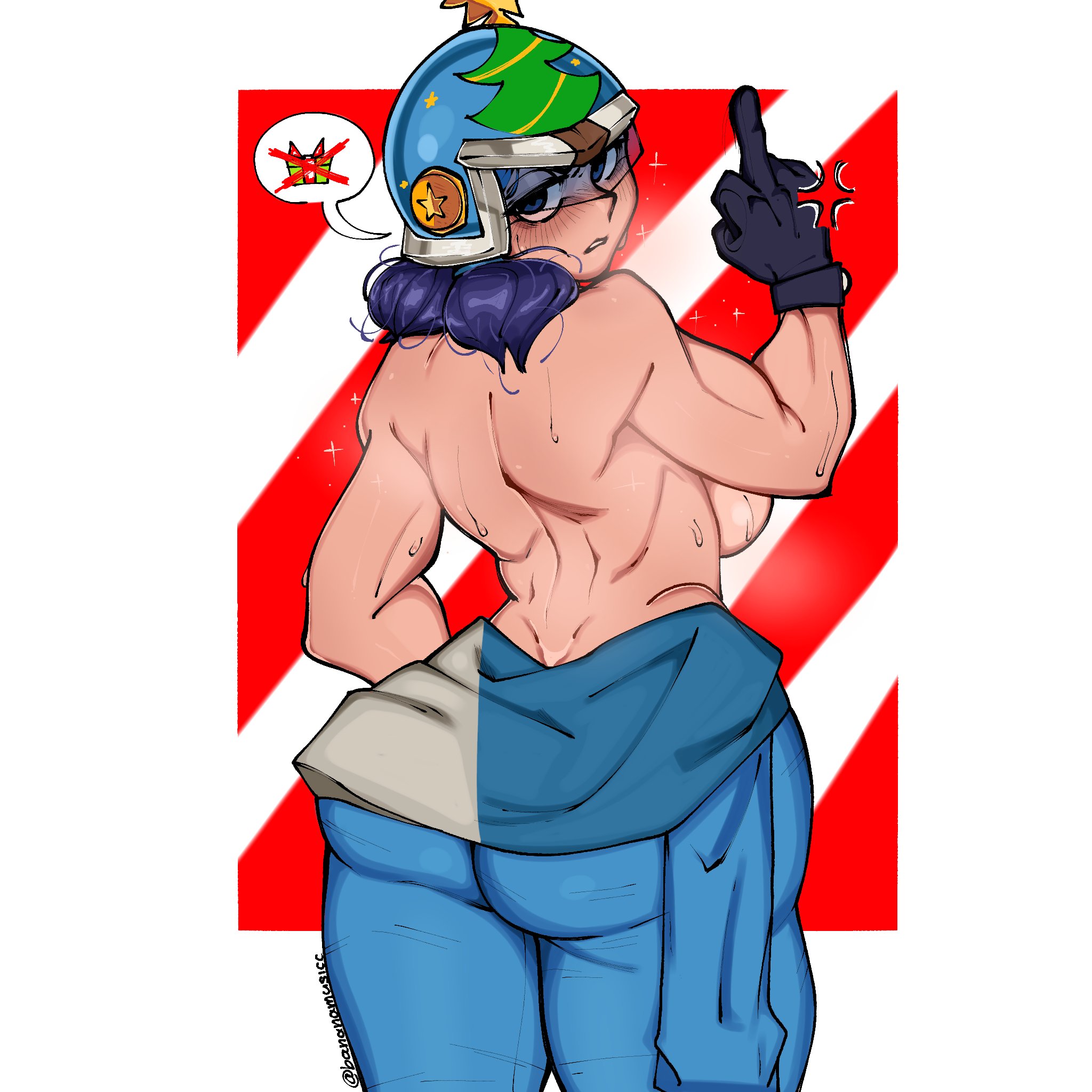 1girls, 2d, 2d (artwork), 2d artwork, angry, artist name, ass, back view, bananamusicc, blue clothing, blue eyes, blue hair, blush, blush lines, brawl stars, breasts, female, female only, gift express jacky (brawl stars), gloves, helmet, helmet with visor, jacky (brawl stars), light skin, light-skinned female, looking behind, middle finger, partially clothed, partially nude, removing clothing, simple background, solo, supercell, sweat, sweatdrop, sweating, text bubble, tied hair, tinted eyewear, twitter username, undressing
