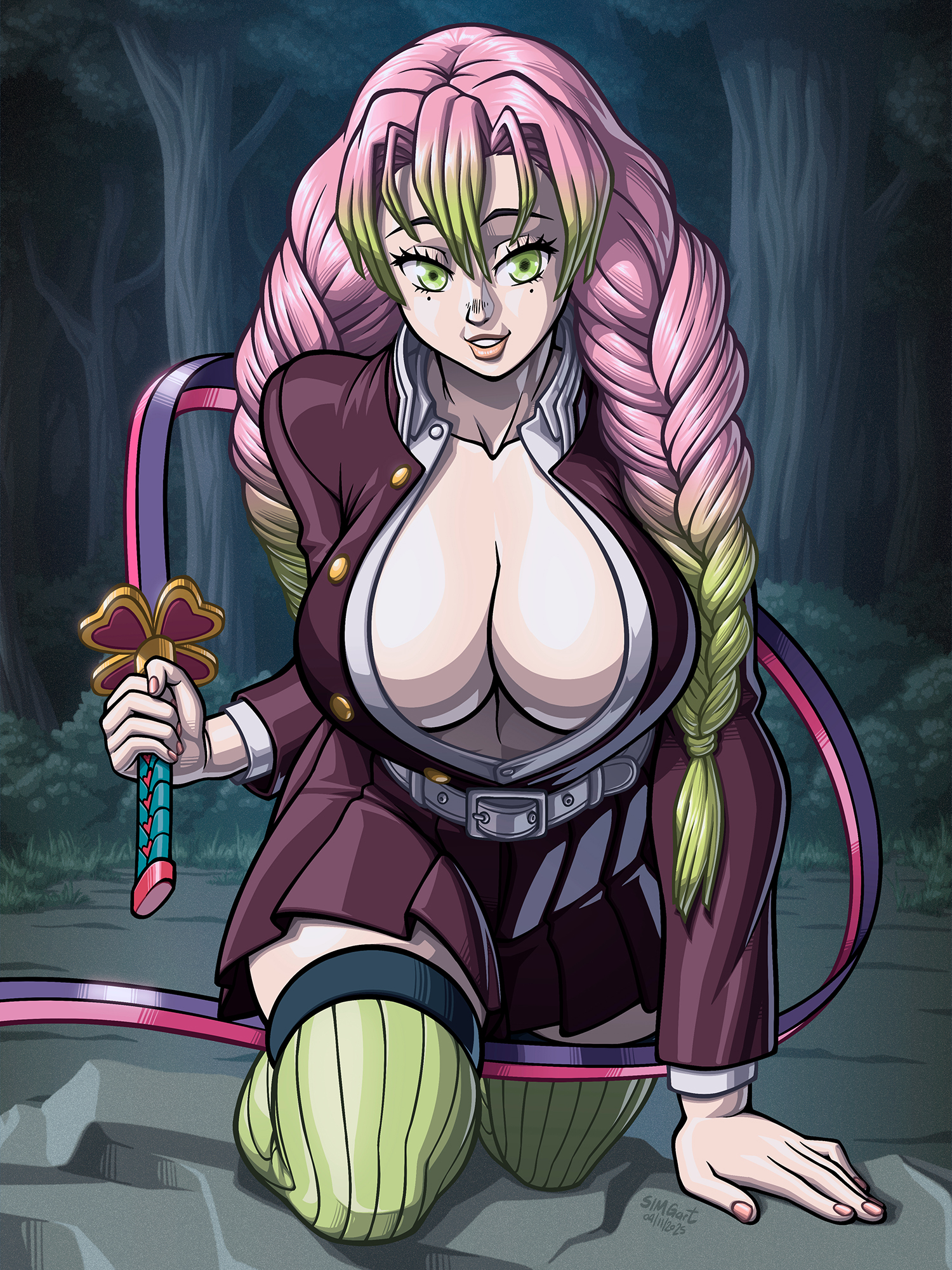 1girls, alternate version available, belt, belt buckle, big breasts, black skirt, breasts, cleavage, clothing, demon slayer, female, female only, green eyes, green highlights, green thighhighs, hair, holding object, holding weapon, huge breasts, kanroji mitsuri, kimetsu no yaiba, legwear, lips, mole, mole under eye, nails, pink hair, pink-haired female, short skirt, simgart, skirt, smile, solo, solo female, sword, thighhighs, thighs, weapon