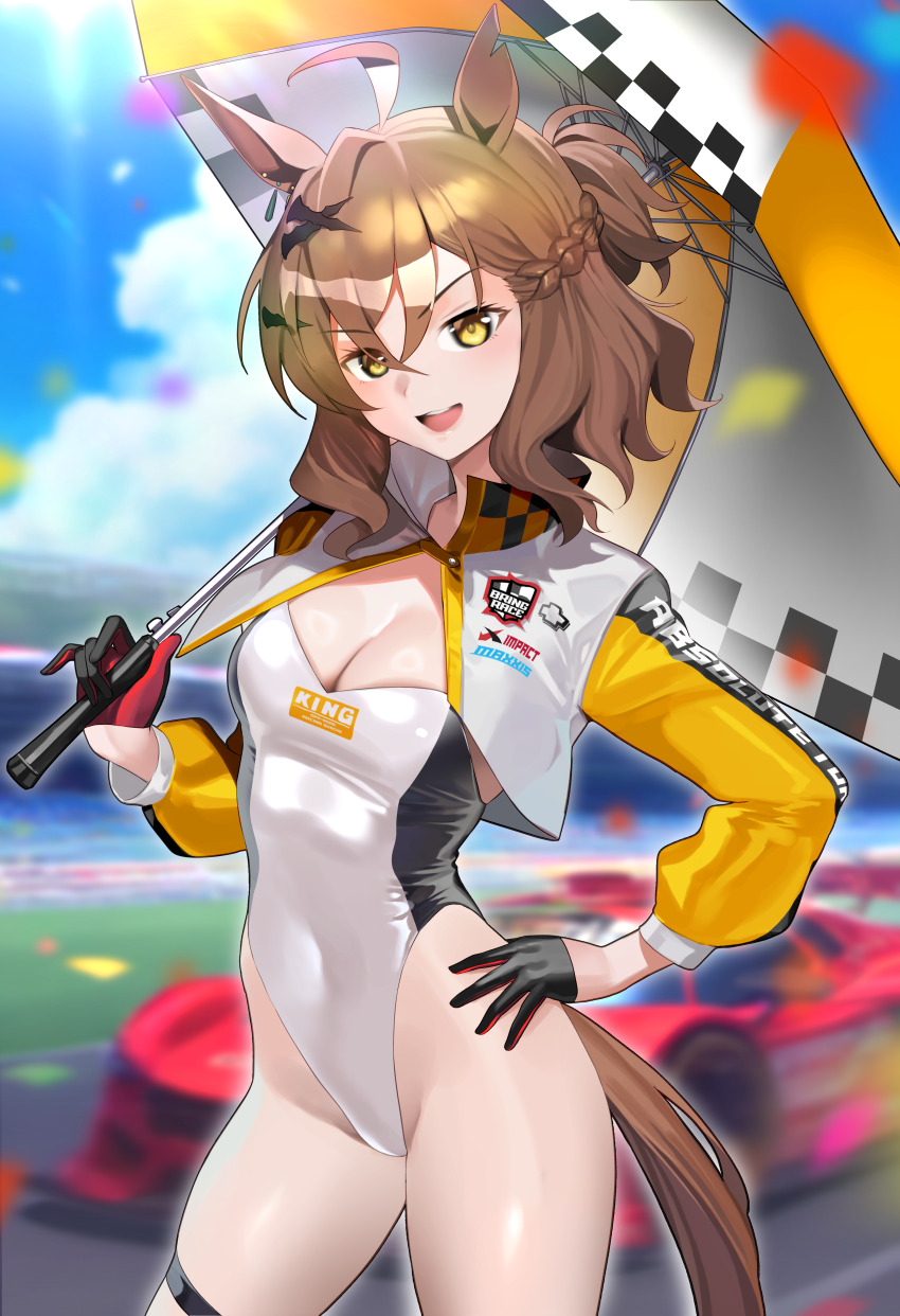 1girls, animal ears, blurry background, horse girl, jungle pocket (umamusume), race car, racetrack, thighs, ugohato, umamusume, umamusume pretty derby