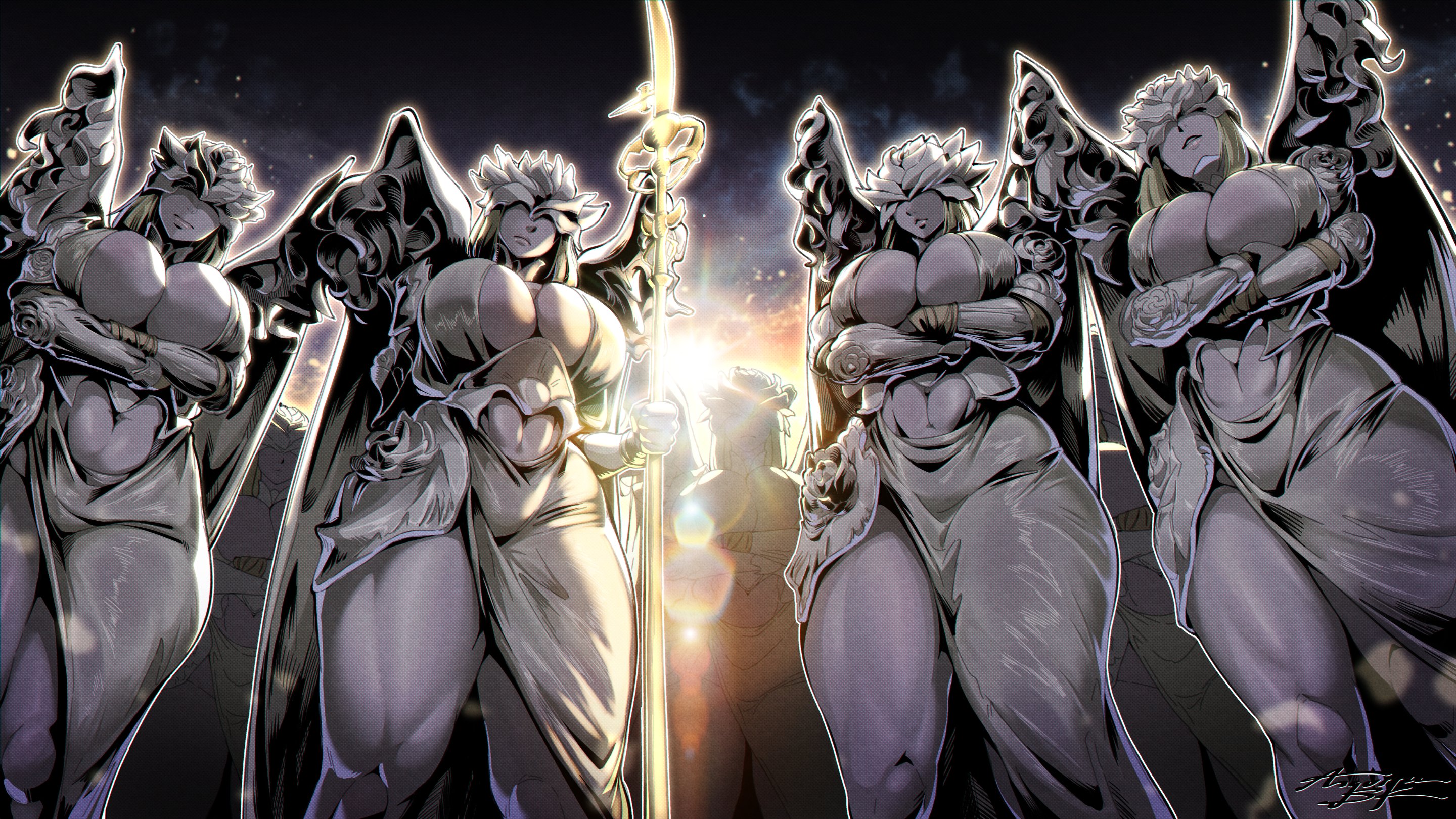 7girls, anguriask, background characters, balancers (nightreign), elden ring nightreign, female, female only, huge breasts, large breasts, revealing clothes, skimpy, standing, voluptuous, weapon-bequeathed harmonia
