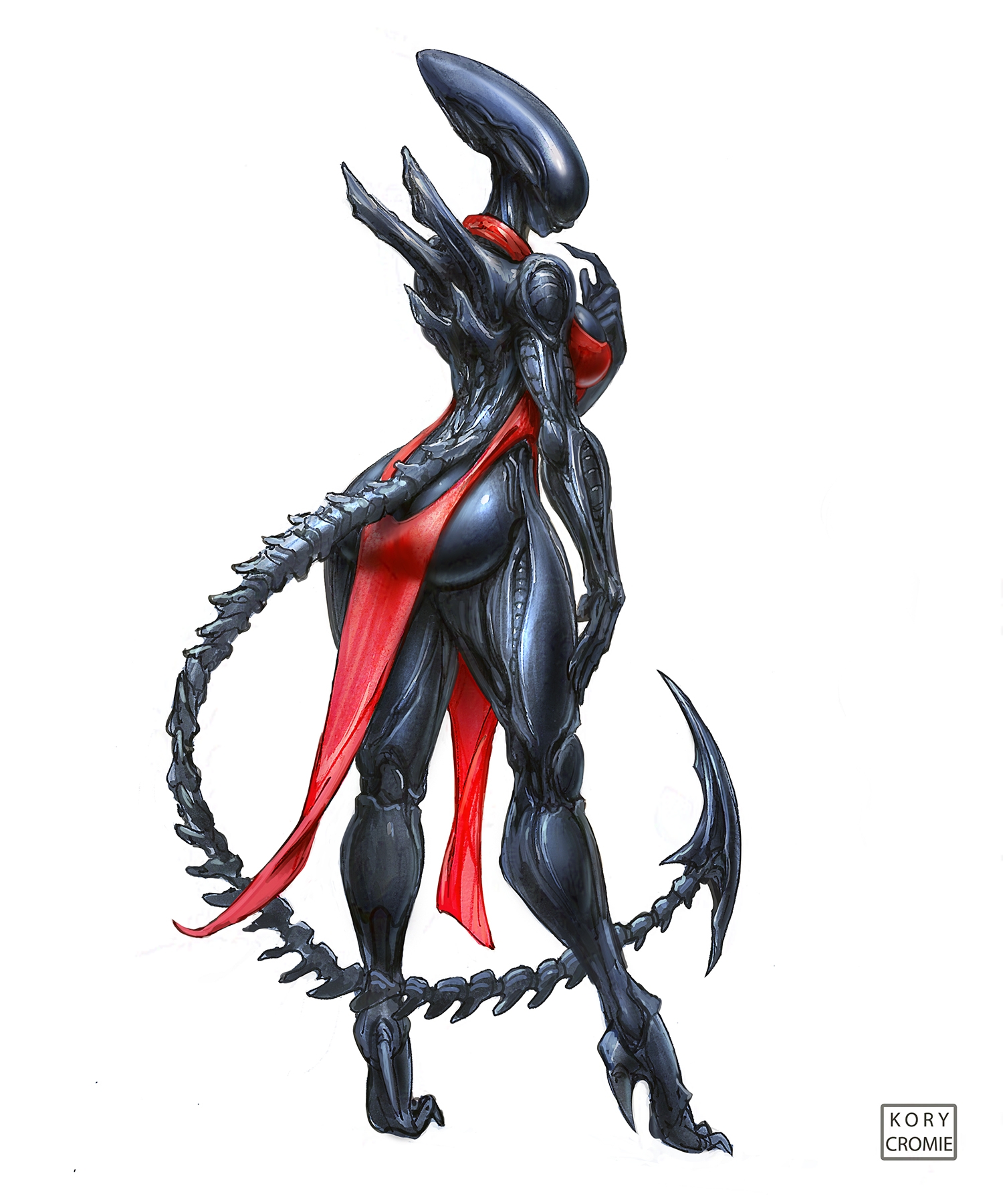 1girls, 2d, alien, alien (franchise), ass, breasts, dress, exoskeleton, female, female only, female xenomorph, femomorph, kory cromie, long tail, open-back dress, solo, solo female, watermark, white background, xenomorph, xenomorph tail