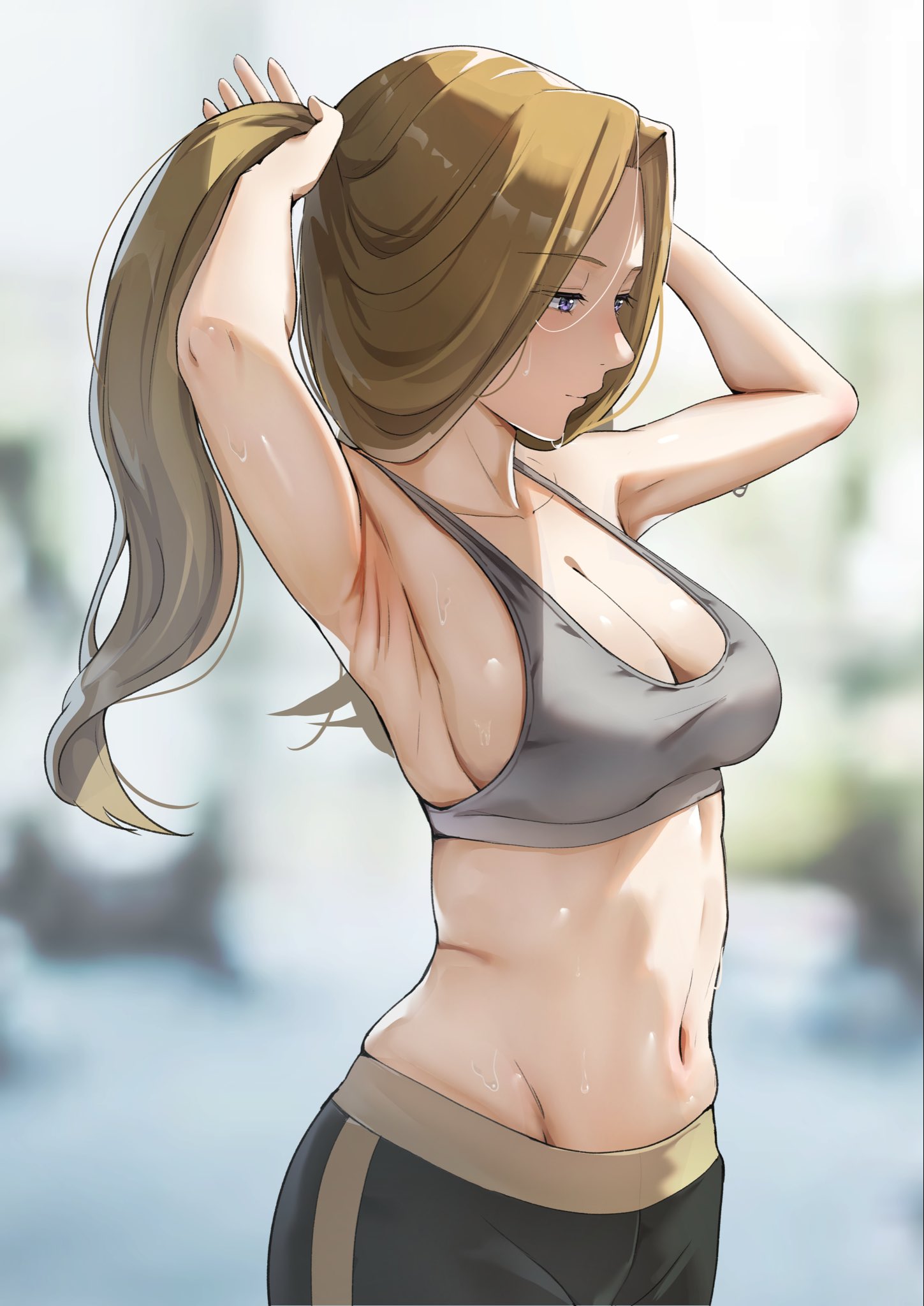 1girls, alternate costume, armpits, arms up, ass, athletic, athletic female, belly, blonde hair, blurry, blurry background, breasts, brown hair, child bearing hips, cleavage, curvaceous, curvaceous ass, curvaceous body, curvaceous female, curvaceous figure, curvaceous hips, curvaceous thighs, curvy, curvy body, curvy female, curvy figure, curvy hips, curvy thighs, female, female focus, fit, fit female, from side, grey sports bra, large breasts, long hair, methode (sousou no frieren), navel, pants, purple eyes, sideboob, solo, sousou no frieren, sports bra, sweat, sweatpants, thick, thick hips, thick legs, toned, toned female, tying hair, waifu, yami anko