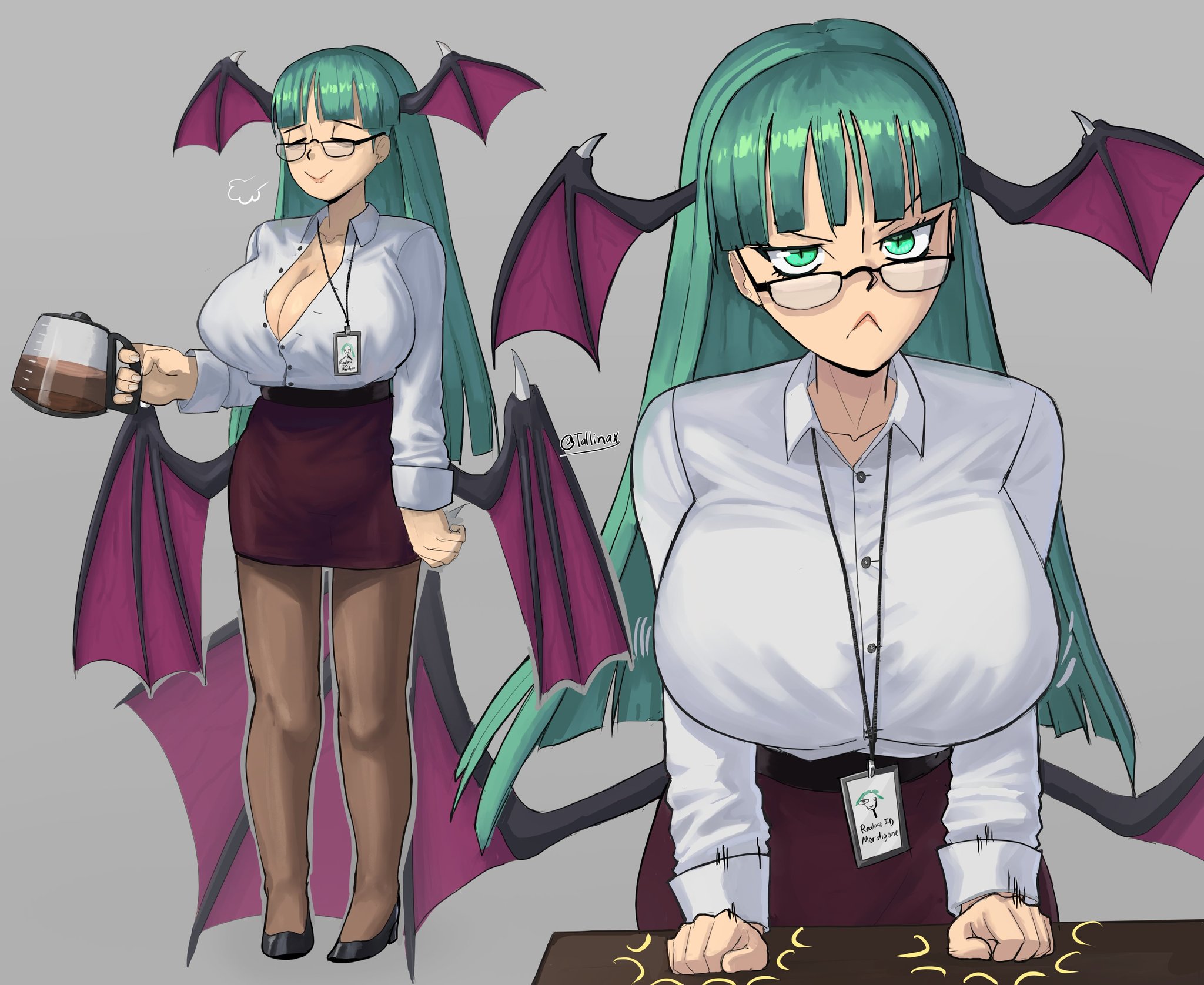 1girls, big breasts, breasts, capcom, cleavage, darkstalkers, female, female only, frown, glasses, green eyes, green hair, head wings, highres, huge breasts, large breasts, morrigan aensland, office lady, pantyhose, shirt, shoes, skirt, succubus, tallinax, wings