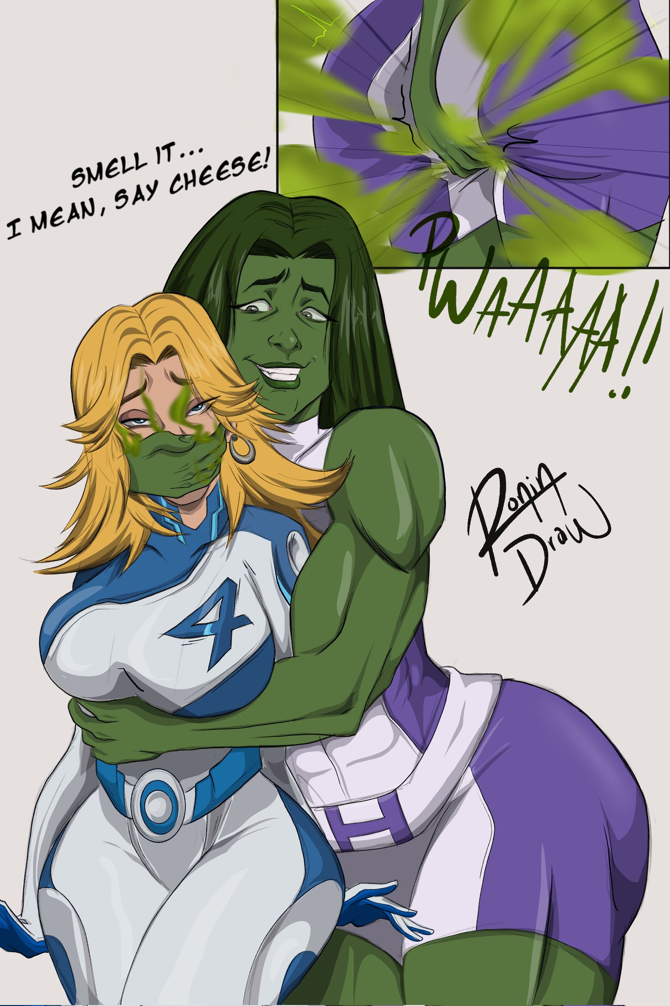 covering face, covering mouth, fart, fart cloud, fart fetish, fart in face, fart torture, farting, farting on own hand, grossed out, invisible woman, invisible woman (marvel rivals), marvel, marvel comics, ronindraw, she-hulk, sue storm