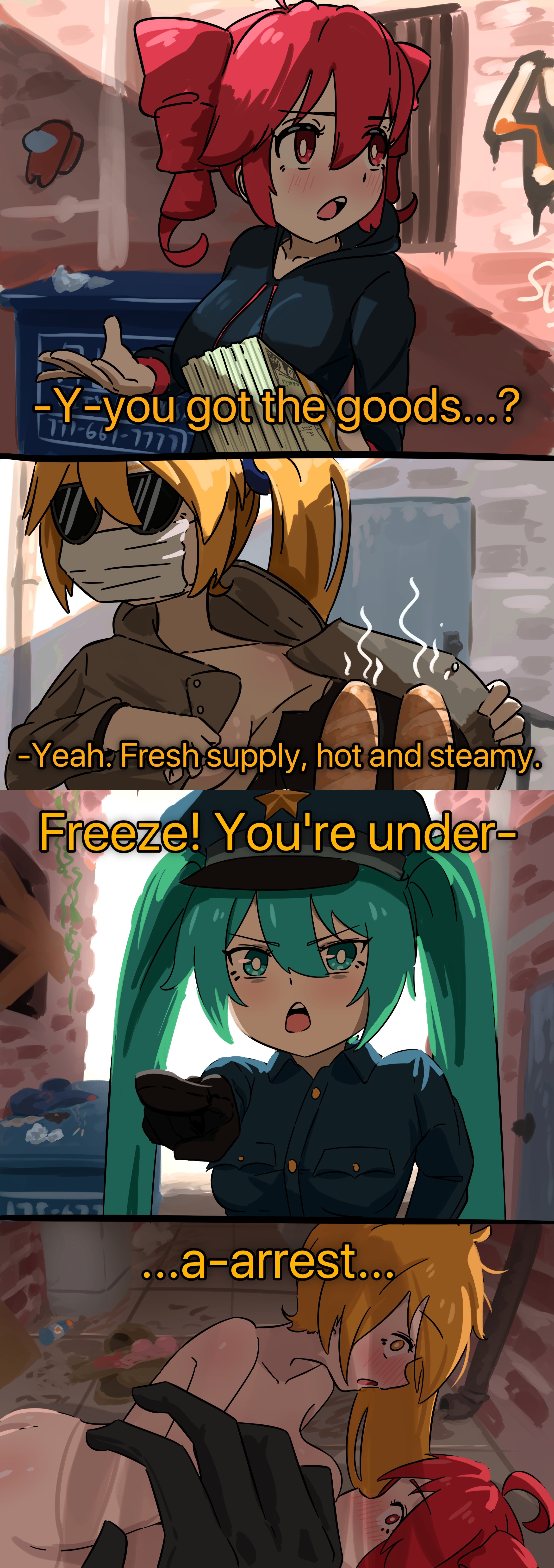 2girls, 3girls, 3koma, 4koma, ahoge, akita neru, alley, alleyway, amogus, among us reference, aqua eyes, baguette, bangs, black gloves, blonde hair, blue eyes, blue hair, blush, breasts, caught, caught in the act, comic, convenient censoring, crossover, dialogue, drill hair, english text, female, female focus, female only, funny, gloves, hat, hatsune miku, humor, implied sex, jacket, joke, kasane teto, lesbian, light skin, long hair, mask, meme, money, mouth mask, multiple girls, naoed, nude, open mouth, parody, police, police uniform, policewoman, ponytail, red eyes, red hair, rivetingroast, shirt, sunglasses, surgical mask, text, triple baka (vocaloid), twin drills, twintails, twitter link, uniform, utau, vocaloid, yellow eyes, yuri