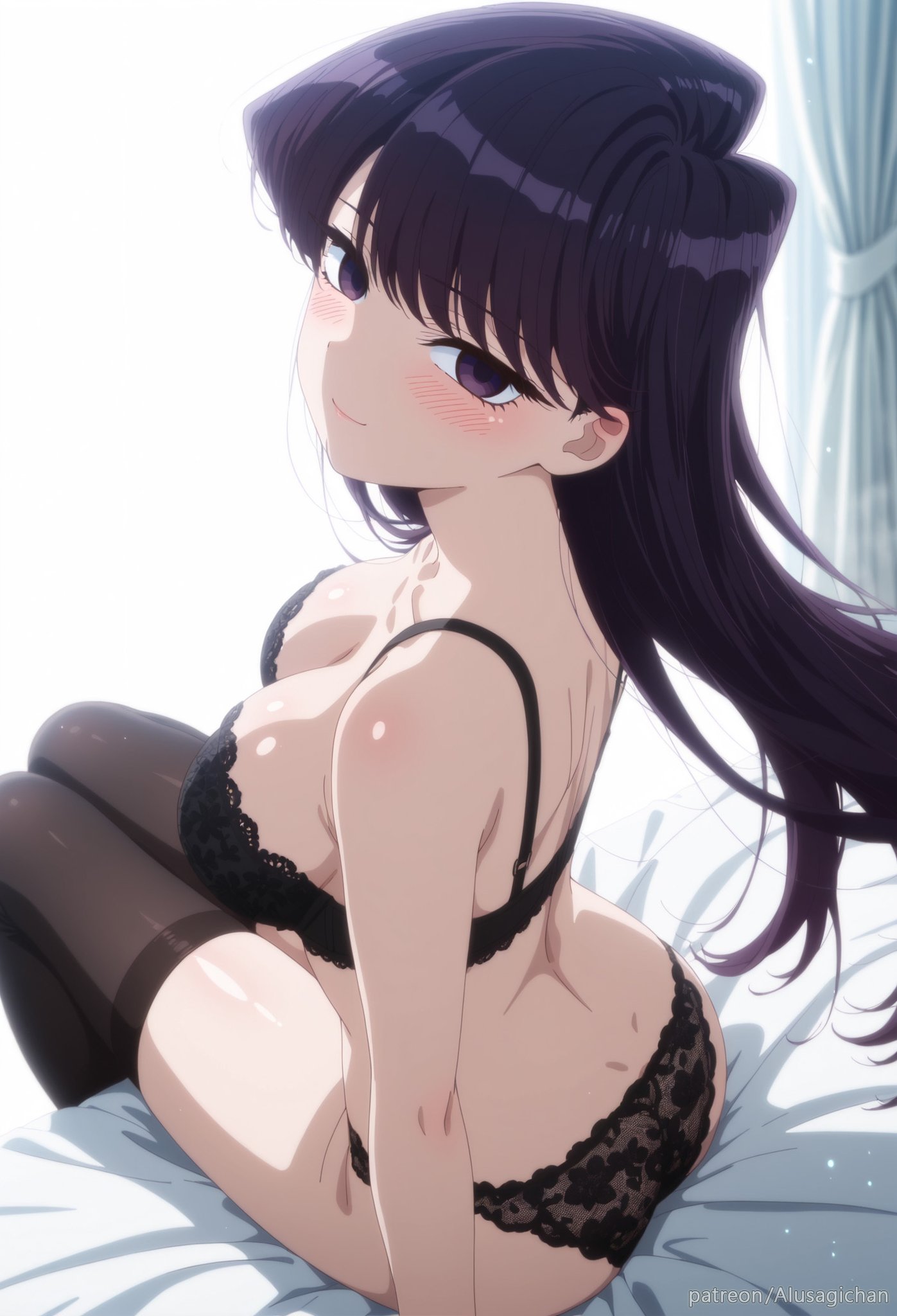 ai generated, black bra, black panties, female, female only, komi shouko, komi-san wa komyushou desu, lingerie, thighhighs