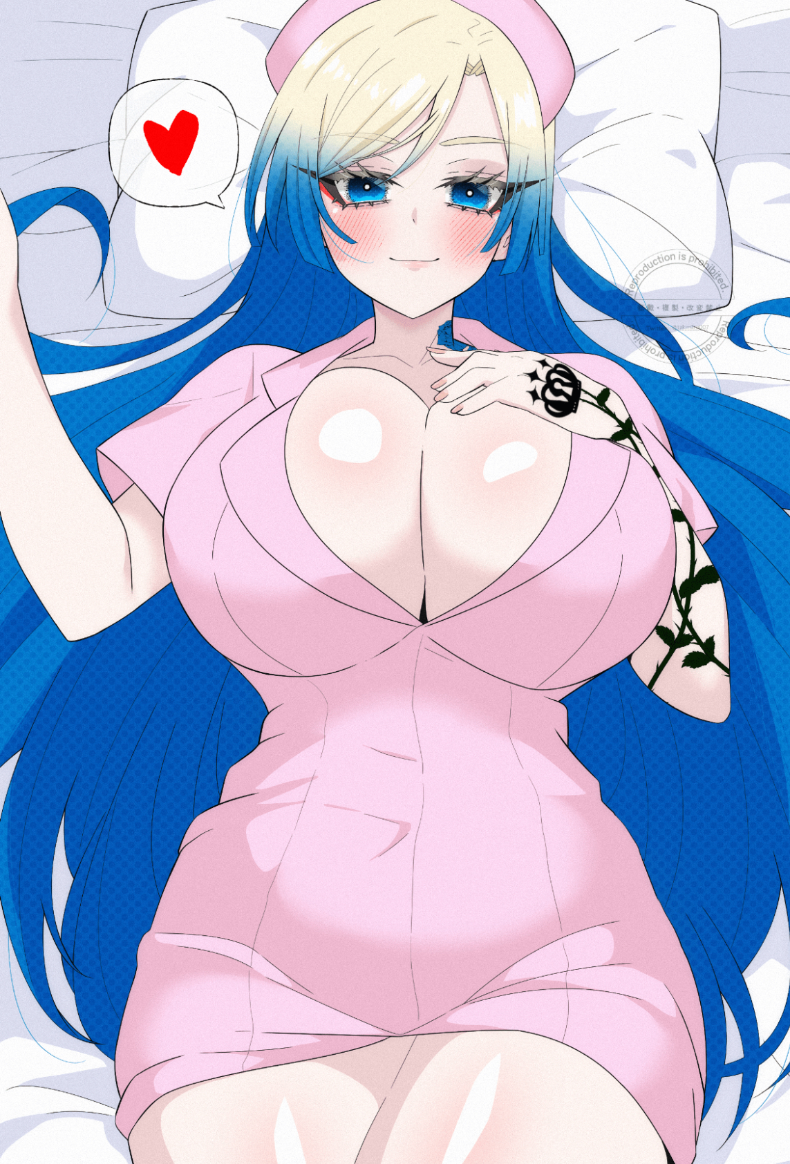 barely contained breasts, big breasts, big thighs, blonde female, blonde hair, blue, blue hair, blue lock, blush, breasts, breasts out, cleavage, cleavage overflow, curvy, curvy female, curvy figure, cute, cute face, cute female, european, european female, female, female focus, female only, femlock, flirting look, fupa, genderswap, german, german female, hand on chest, heart, looking, looking at viewer, massive breasts, massive thighs, michael kaiser, nurse, nurse clothing, nurse uniform, pale skin, pale-skinned female, rule 63, takimaro07, tattoo, tattooed arm, tattoos, thick thighs, thighs, thighs bigger than head, tiny waist
