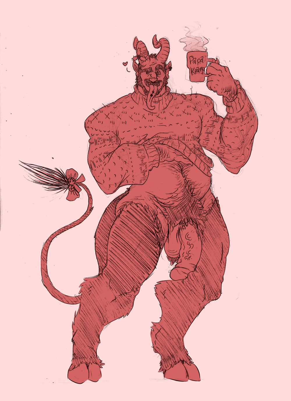 balls belly_hair big_penis bottomless clothed clothing cup demon dogfu ear_piercing flaccid hairy heart horn jingle_bell krampus long_tongue male male_only mature_male monochrome monster penis piercing pointy_ears pubes ribbons solo sweater tongue tongue_out tongue_piercing