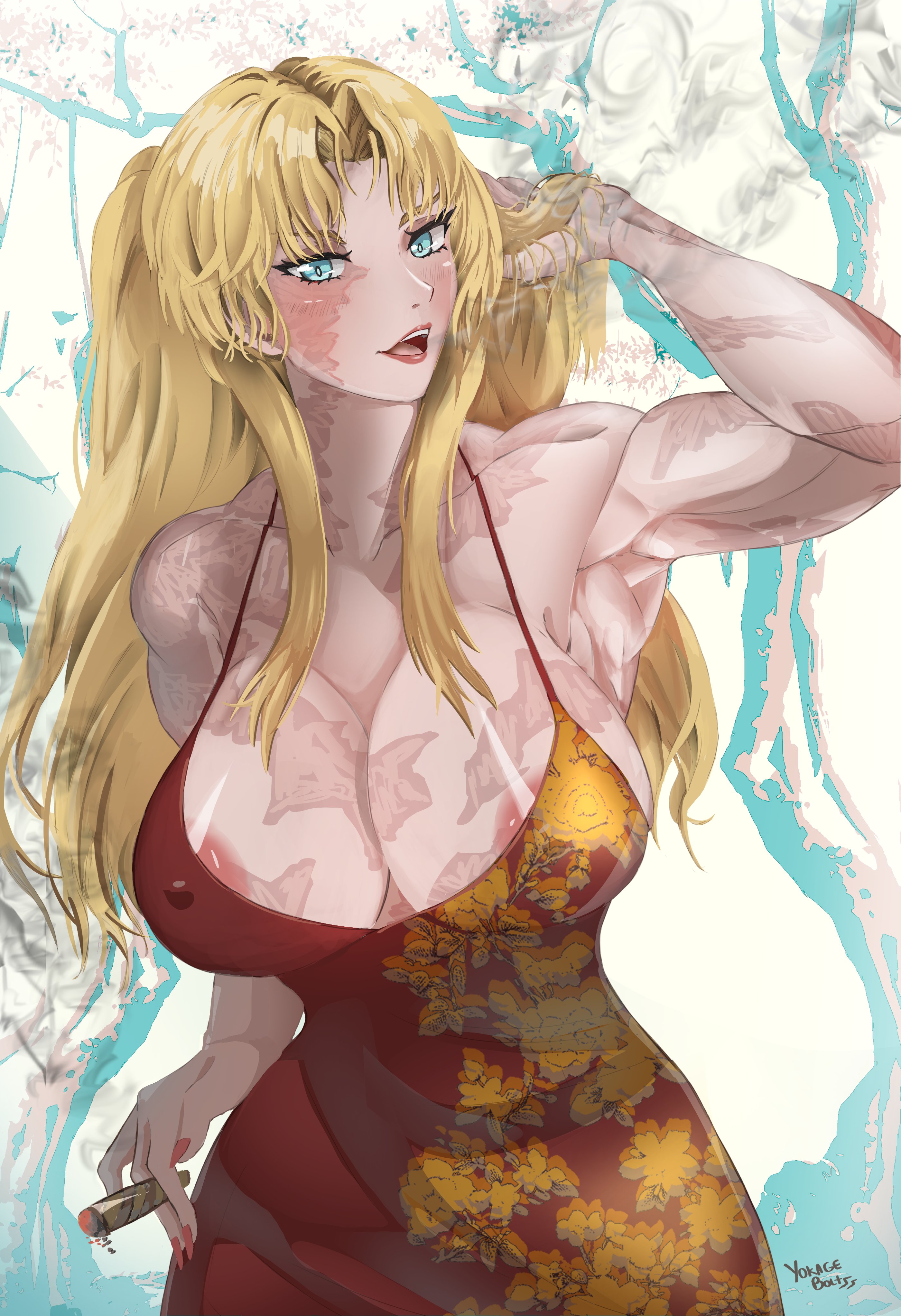 1girls, areola slip, areolae, armpits, arms to side, balalaika, big breasts, black lagoon, blonde hair, blue eyes, breasts, cigar, cleavage, female, female only, huge breasts, scar, solo, yokab88