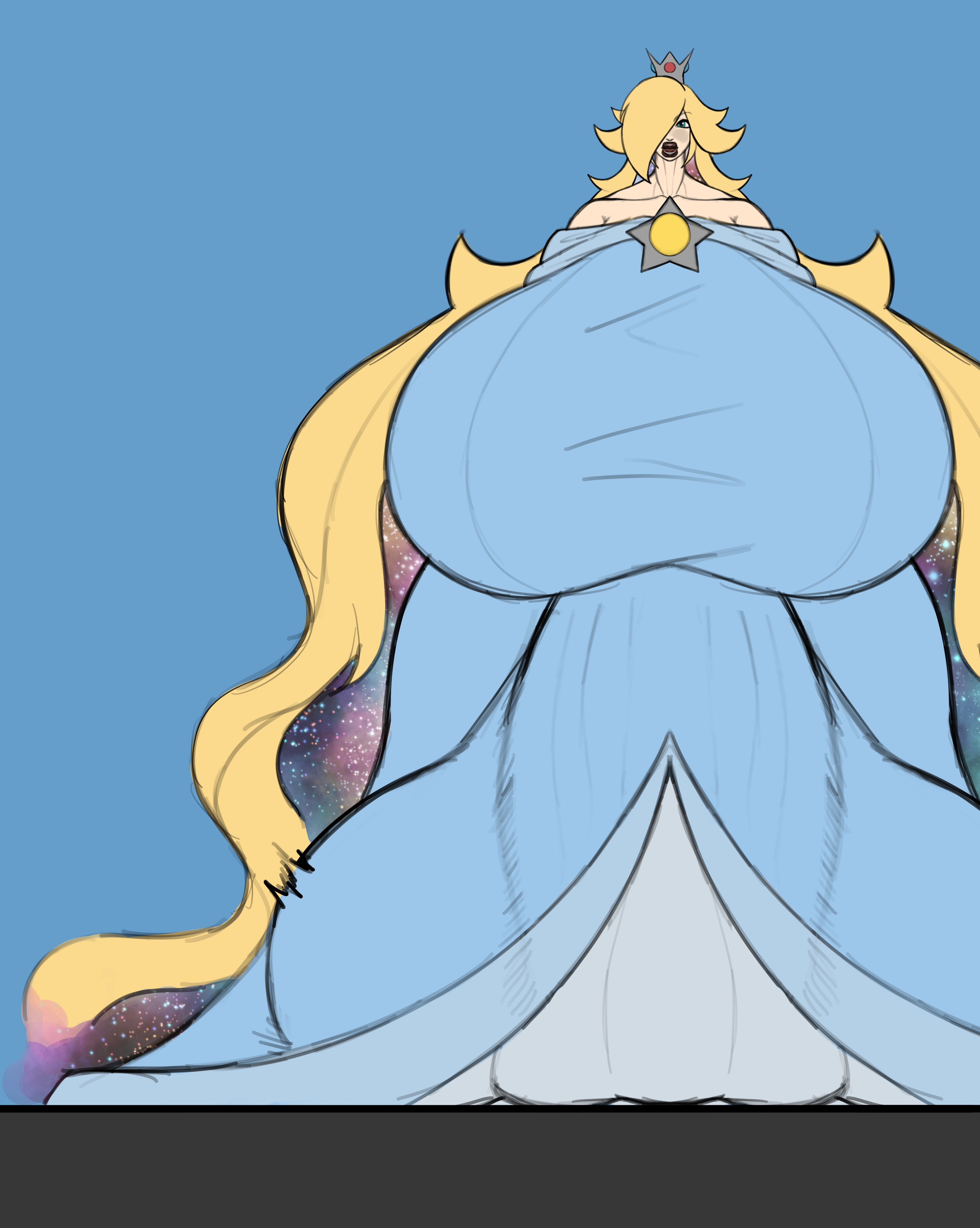 1futa, ass bigger than head, balls, balls bigger than head, bimbo, bimbo lips, blonde hair, breasts, breasts bigger than head, bulge, bulge through clothing, casual nudity, chromiia1, clothed, dress, dumptruck ass, fully clothed, futa focus, futa only, futanari, giant breasts, gigantic breasts, huge balls, huge lips, hyper, hyper ass, hyper balls, hyper breasts, hyper bulge, hyper genitalia, hyper penis, mario (series), massive balls, massive breasts, massive lips, no bra, penis, princess rosalina, solo, thick lips