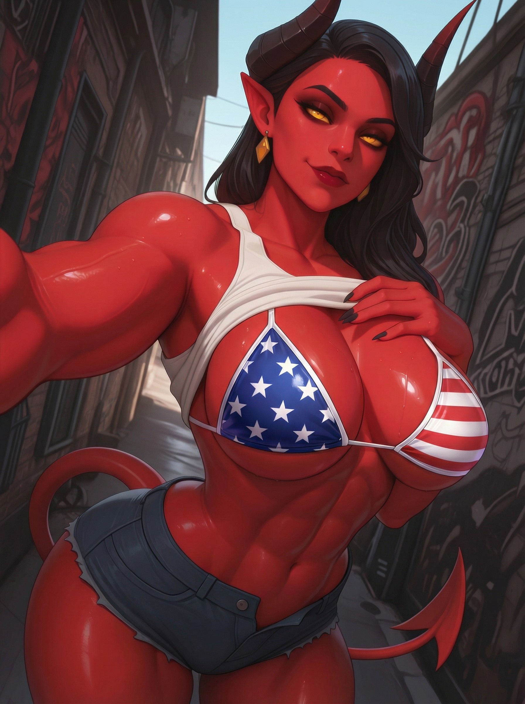 abs, ai generated, american flag bikini, bikini, black hair, black nails, demon, demon ears, demon female, demon girl, demon horns, demon tail, demoness, dispatch (game), earrings, fit, fit female, graffiti, graffiti on wall, hi res, high res, high resolution, hires, horns, lifting shirt, looking at viewer, malevola gibb, muscular, muscular female, pointy ears, red skin, red skinned, red skinned female, selfie, shirt lift, tagme, tail, toned, toned abs, toned body, toned female, yellow eyes
