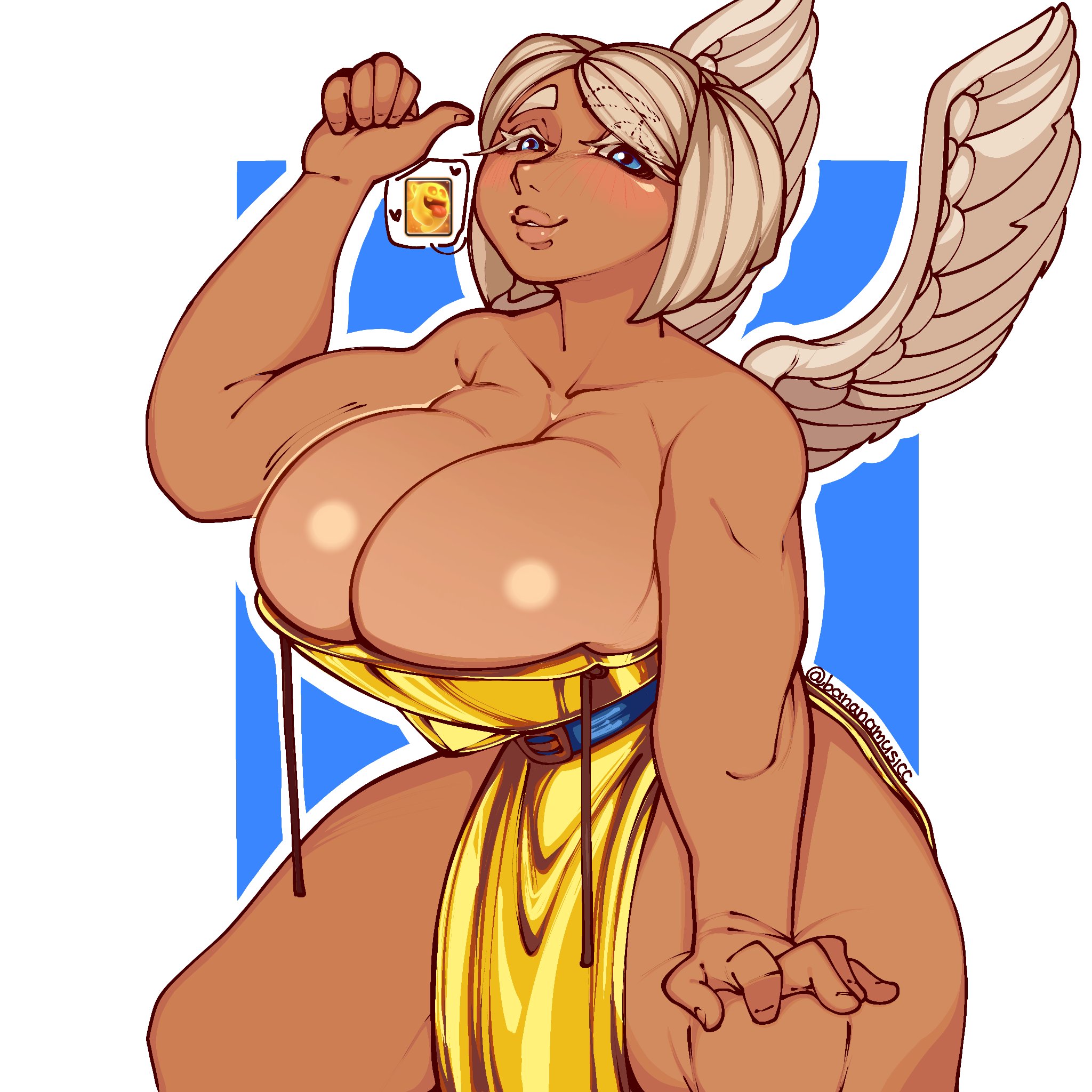 1girls, 2d, 2d (artwork), 2d artwork, artist name, ass bigger than head, bananamusicc, battle healer, belt, blue eyes, blush lines, breast bigger than head, breasts, clash (series), clash royale, clothing, dark skin, dark-skinned female, dress, eyebrows, eyelashes, female, female only, golden dress, hand on knee, heart symbol, looking at viewer, short hair, simple background, smile, smiling, smiling at viewer, solo, supercell, twitter username, voluptuous, voluptuous female, white eyebrows, white eyelashes, white hair, wide hips, wings