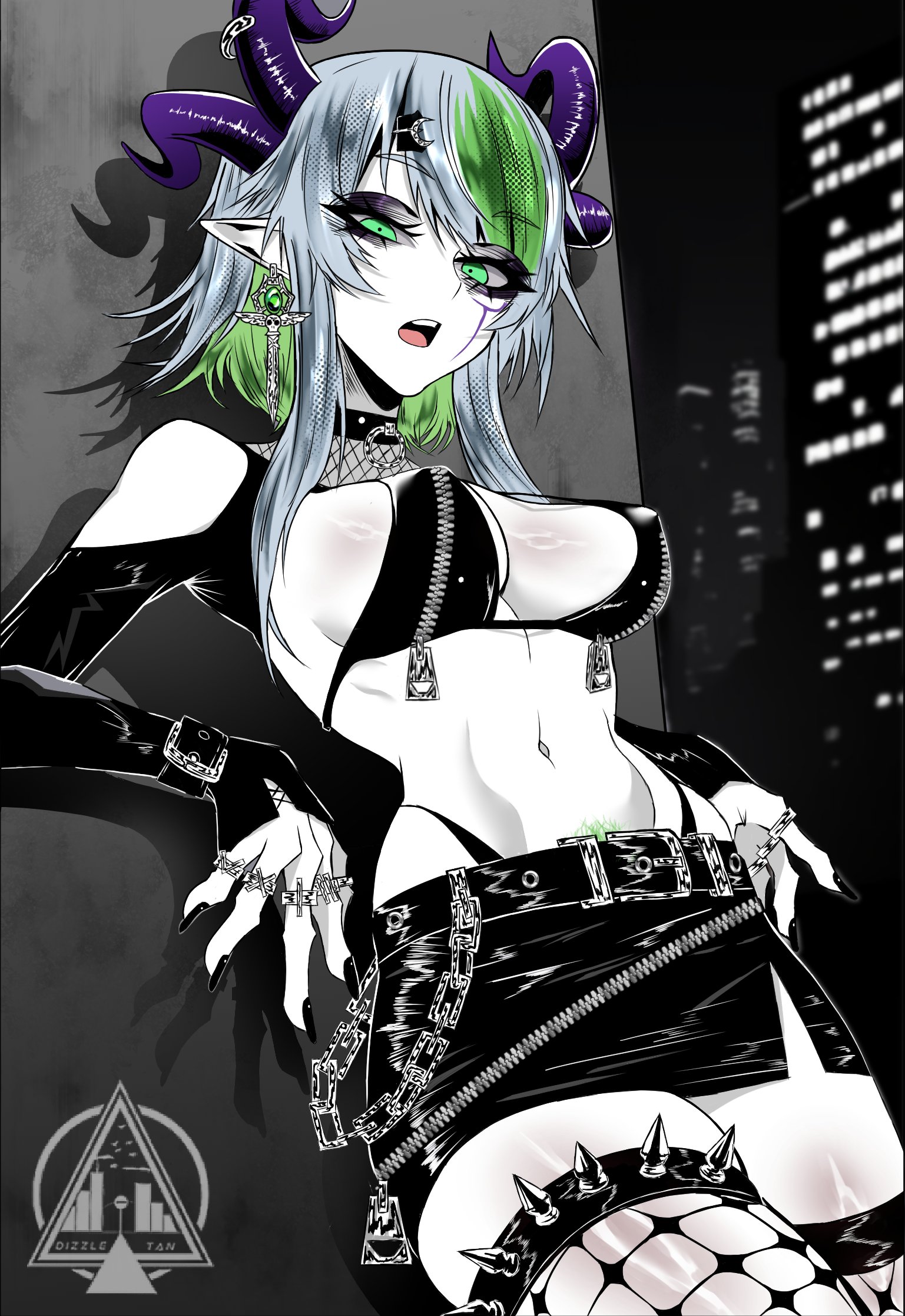 1girls, bare shoulders, big breasts, black and white, black nails, breasts, choker, city, city background, cityscape, cleavage, clothed, clothing, demon girl, demon horns, dizzle tan, earrings, eyelashes, eyeshadow, female, female only, fishnet legwear, fishnet stockings, fishnets, froot, goth, goth girl, green eyes, green hair, green pubic hair, grey hair, hairclip, horn piercing, horns, indie virtual youtuber, leaning against wall, leaning back, long eyelashes, long nails, looking at viewer, looking down, midriff, miniskirt, multicolored hair, navel, open mouth, painted nails, pale skin, pale-skinned female, perky breasts, pointy breasts, pointy ears, pubic hair, pubic hair peek, revealing clothes, ring, ring (jewelry), short hair, sideboob, skirt, skyscraper, solo, streaked hair, thong, virtual youtuber, vtuber, zipper, zipper bra, zipper top