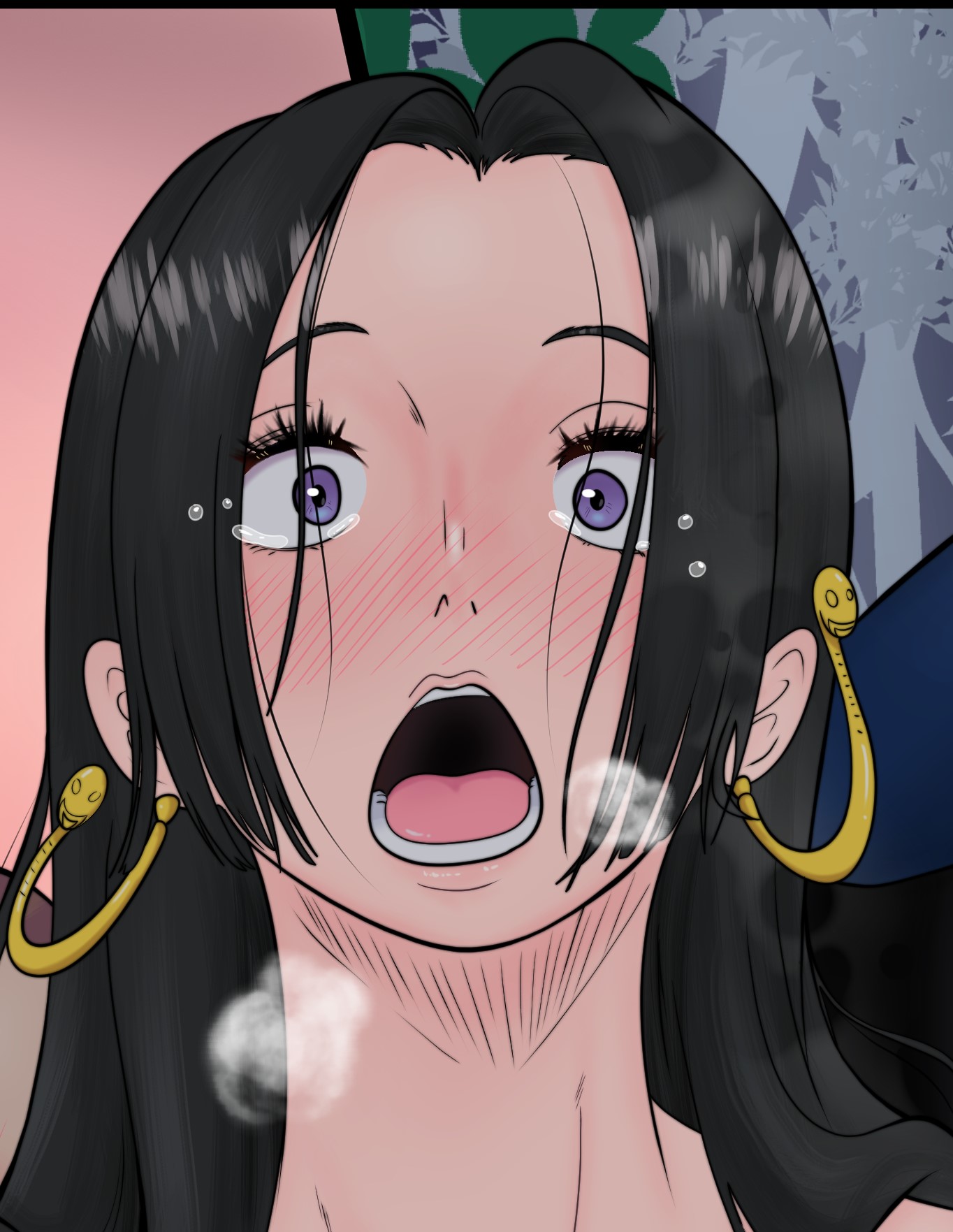 1girls, attacked, black hair, black-haired female, boa hancock, breath cloud, cross-eyed, earrings, female, female only, mrpheromones, nude, one piece, open mouth, surprised expression, surprised face, tears