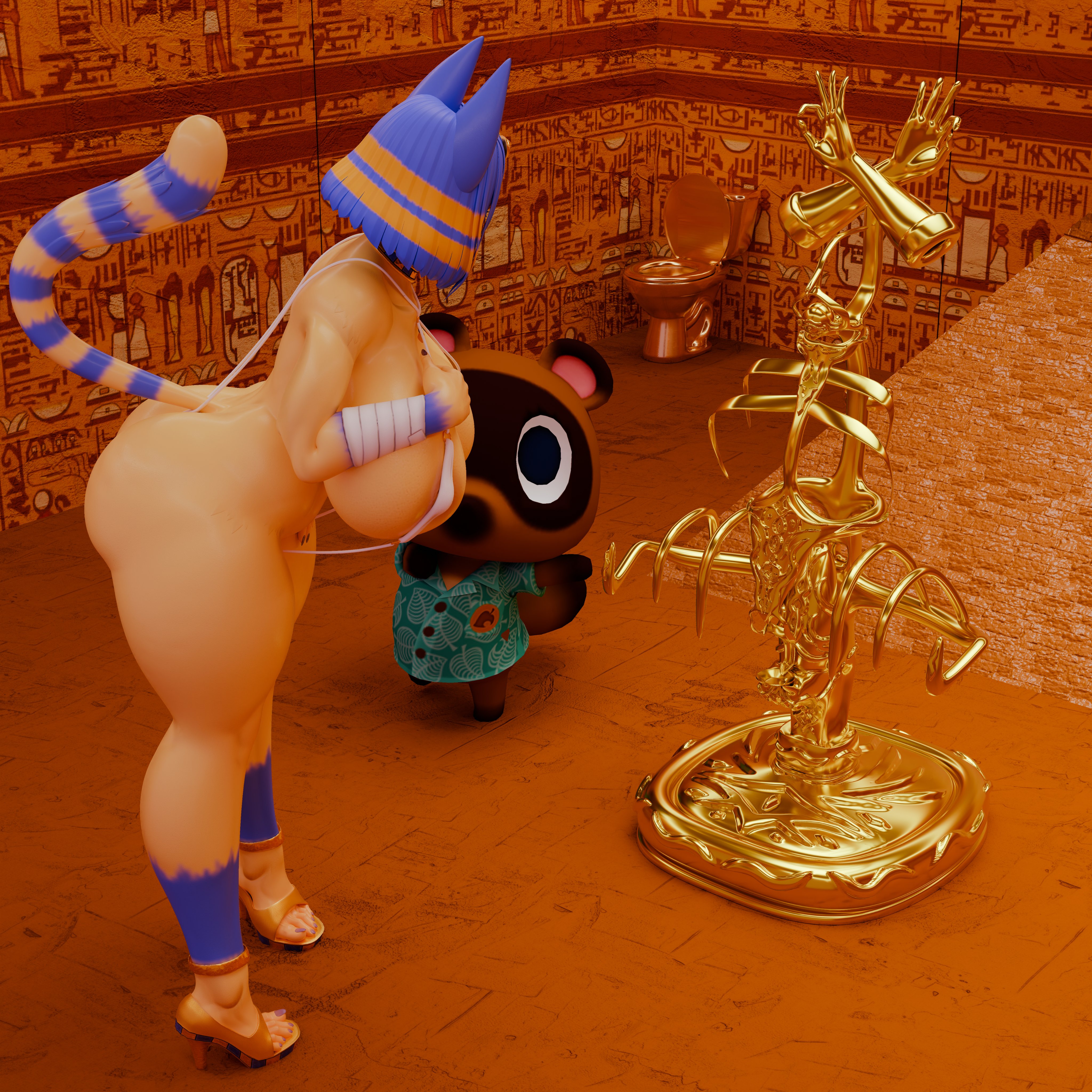 1girl, 3d, animal crossing, ankha, ankha (animal crossing), ankha (dogzeela), barton (artist), big ass, big breasts, blue hair, body cage, bondage, bondage gear, bondage suit, clitoris, clitoris piercing, gold (metal), huge ass, huge breasts, metal, metal bondage, nipple piercing, nipples, nose hook, nosehook, tagme, tom nook, vibrator, vibrator in pussy