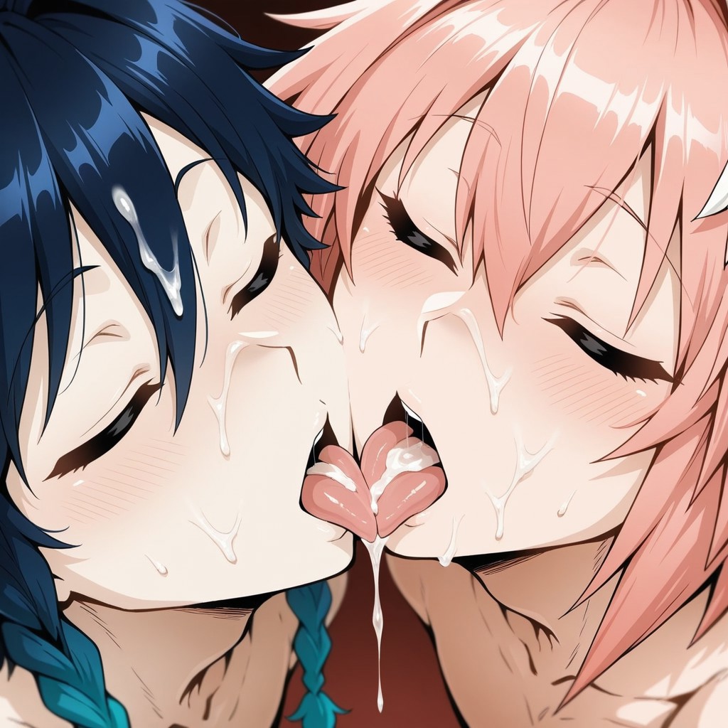 2025, 2boys, 2femboys, after fellatio, after oral, ai generated, astolfo (fate), blush, braid, braids, bukkake, closed eyes, crossover, cum, cum in mouth, cum on face, cum on hair, cum on tongue, fate (series), femboy, feminine male, genshin impact, girly, open mouth, pink hair, tongue, tongue out, trap, twin braids, venti (genshin impact), yaoi, yarghabag