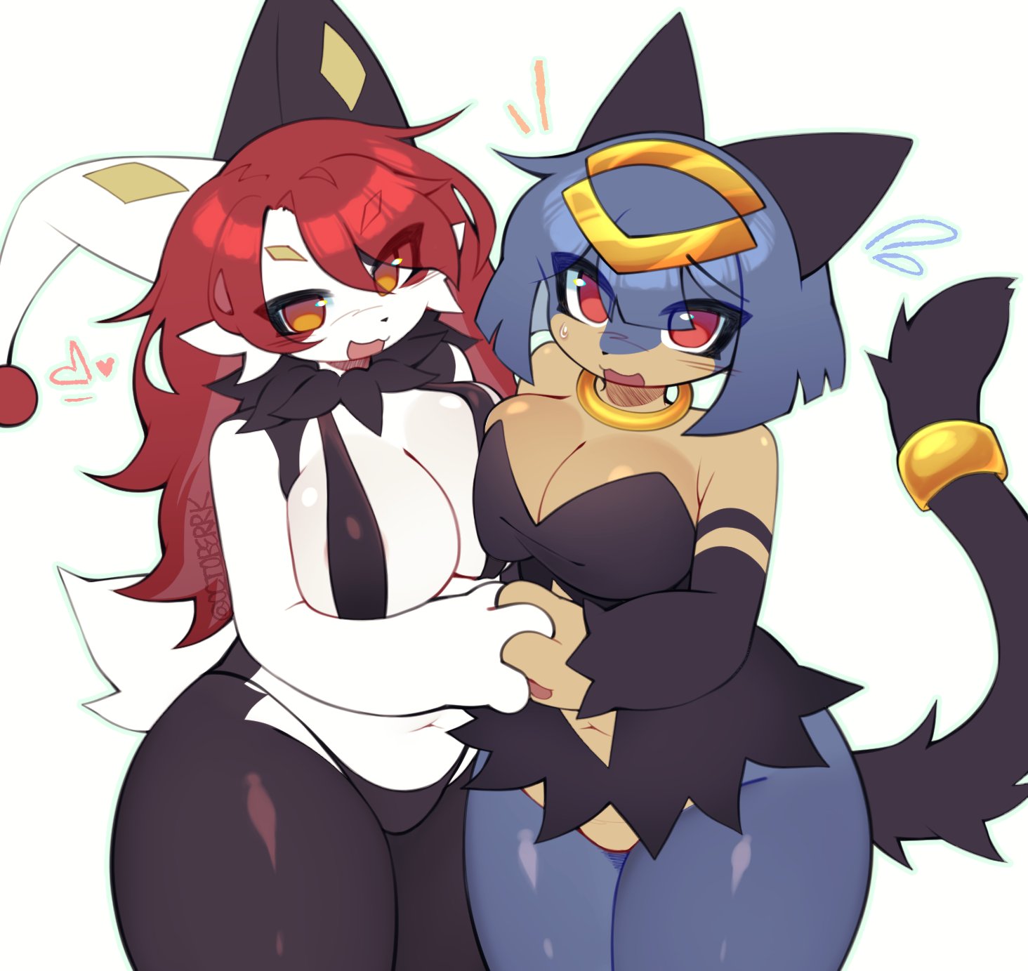 anthro, bikini, black bikini, black body, black clothing, black dress, black fur, black nose, black swimwear, blue body, blue hair, blush, blush lines, bodily fluids, breasts, cheek tuft, cleavage, clothed, clothing, dress, duo, dupin (pal), eyelashes, facial tuft, felid, feline, female, fur, hair, hand holding, hi res, jester, lagomorph, leporid, looking at viewer, mammal, markings, multicolored body, multicolored fur, navel, neck ring, neck tuft, no underwear, octoberrk, open mouth, open smile, orange eyes, pal (species), palworld, pocketpair, rabbit, red eyes, red hair, sekhmet (pal), short hair, short tail, simple background, smile, sweat, sweatdrop, swimwear, tail, tuft, two tone body, two-piece swimsuit, white background, white body, white fur, yellow body, yellow markings