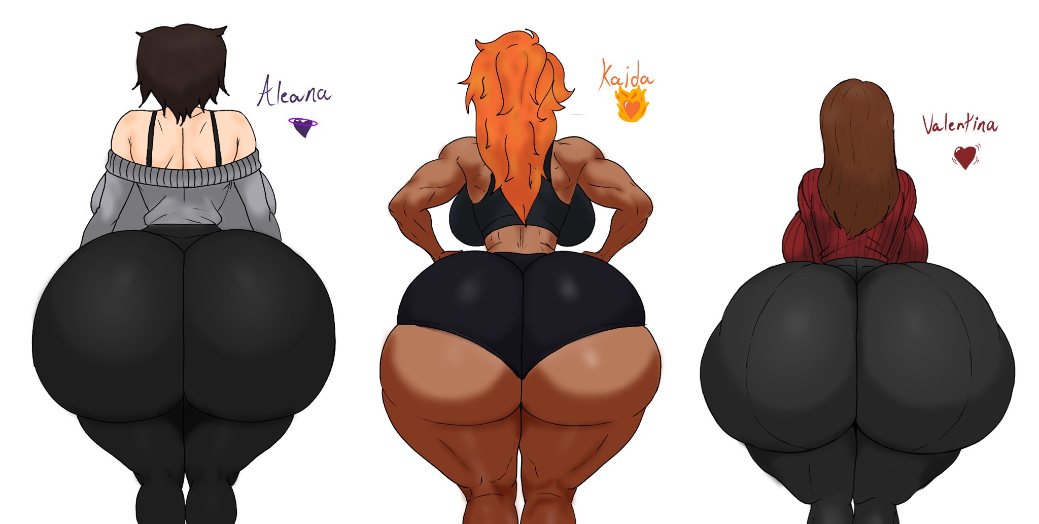 2000s, 2026, 3girls, aleana (justchris), ass, ass bigger than head, ass chart, ass cleavage, ass crack, ass focus, ass up, ass visible through thighs, back view, big ass, big breasts, big butt, big thighs, black clothes, black clothing, black leggings, black pants, blush, bottomwear, breasts, bubble ass, bubble butt, butt, butt bigger than head, butt focus, chart, clothed, clothing, curvaceous, curvaceous female, curvaceous figure, curves, curvy, curvy ass, curvy body, curvy female, curvy figure, curvy hips, digital drawing (artwork), digital media (artwork), face down ass up, fair skin, fair skinned female, fair-skinned female body, female, female focus, female only, fully clothed, hips wider than shoulders, huge ass, huge breasts, huge butt, huge thighs, jpg, justchris, kaida ryuko, large ass, large butt, leggings, massive ass, massive butt, nerd, nerdy female, no background, oc, original, original character, pear shaped female, pear-shaped figure, presenting breasts, presenting butt, presenting hindquarters, presenting pussy, presenting vulva, red clothing, red shirt, red sweater, round ass, round breasts, round butt, round glasses, shirt, smile, smiling, solo, solo female, stretch, stretching, thick ass, thick thighs, thighs, valentina (justchris), voluptuous, voluptuous ass, voluptuous female