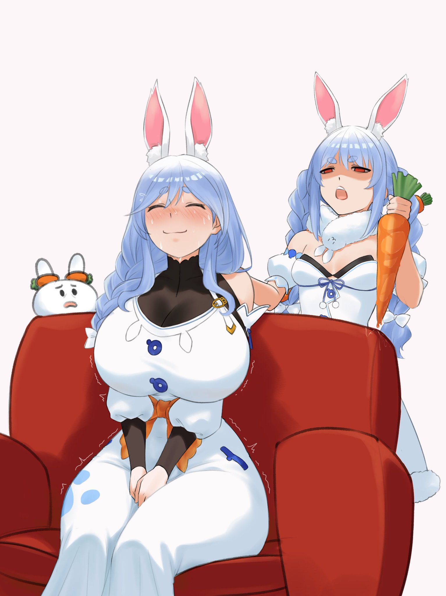 2 girls, ahegao, black leotard, blue hair, blush, boobs, breasts, bunny ears, bunny girl, bunny suit, carrot, cleavage, couch, dial kasper, dialkasper, embarrassed, fishnet, flushed, holding carrot, hololive, hololive japan, large breasts, leotard, long hair, medium breasts, open mouth, pekomama, red eyes, sitting, sweat, thighhighs, twintails, usada pekora, virtual youtuber, white leotard