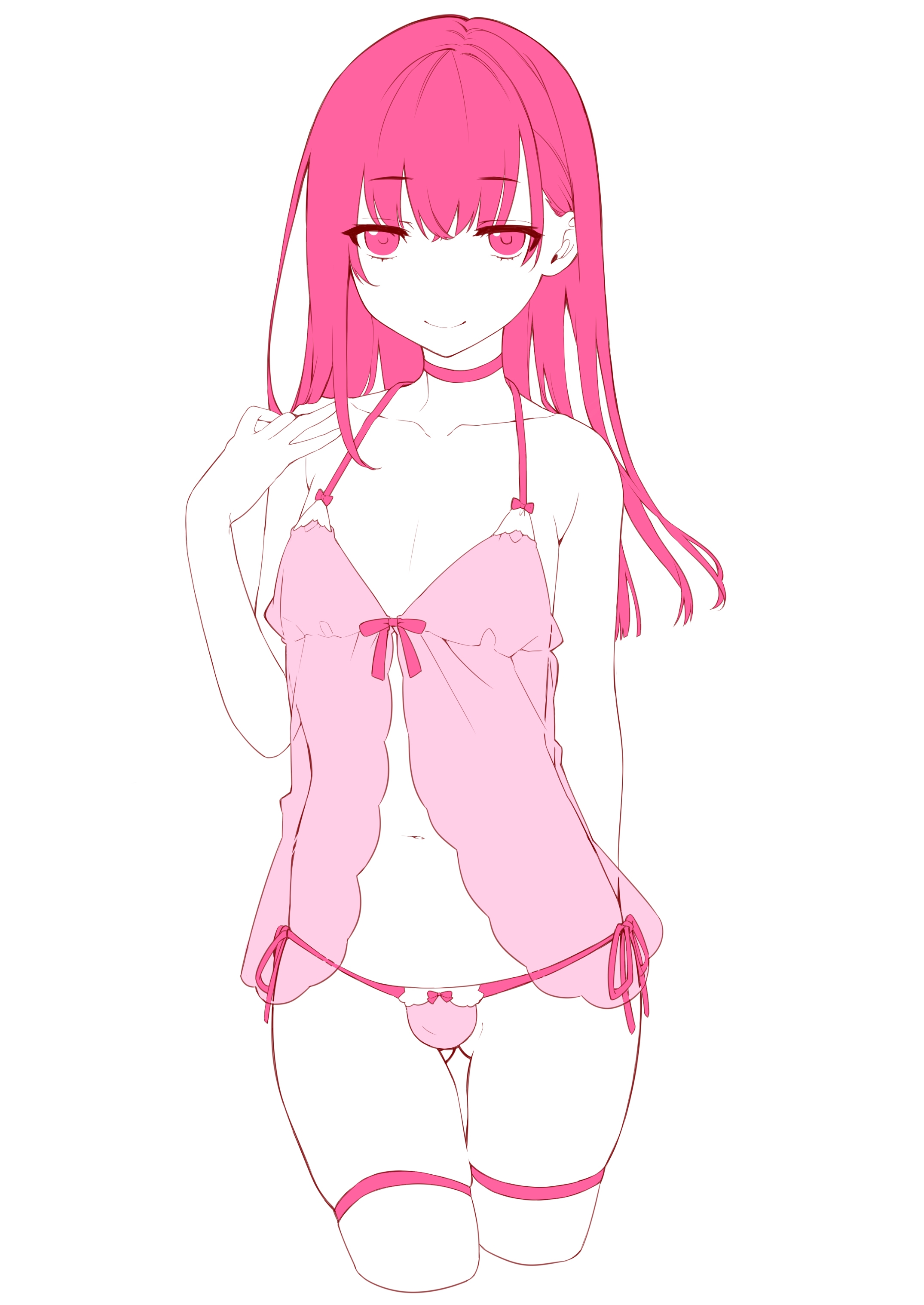 1boy, androgynous, armpit crease, ass visible through thighs, bare shoulders, blunt bangs, bow panties, bulge, bulge through clothing, choker, closed mouth, collarbone, cowboy shot, crossdressing, cutoffs, ears, eyebrows visible through hair, femboy, femenine male, girly, hand behind back, hand on shoulder, hand up, lingerie, long hair, looking at viewer, male, male focus, male only, monochrome, negligee, original, panties, pink theme, portrait, see-through, see-through clothes, see-through clothing, side-tie panties, simple background, sleepwear, smile, solo, solo male, standing, straight hair, string panties, tawapo, thighhighs, thighs, underwear, very high resolution, white background