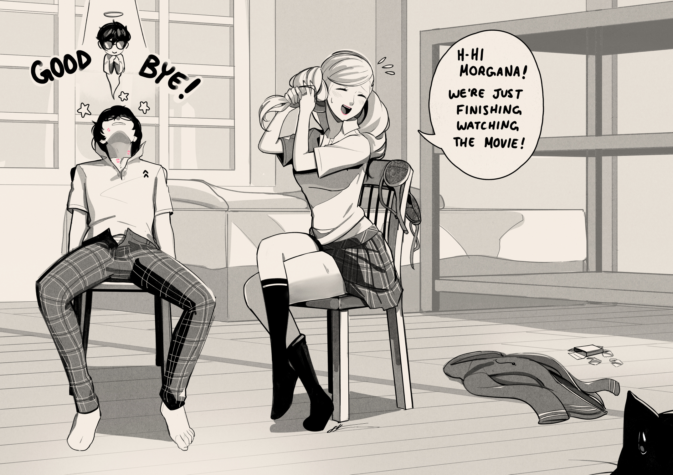 1boy, 1girl, 1girls, adjusting hair, amamiya ren, barefoot, bra, cat, condom, condom box, crossed legs, eightyfourart, english text, giving up the ghost, hair tie, head back, highres, implied after sex, implied sex, lipstick mark, morgana (persona), open fly, persona, persona 5, school uniform, skirt, spot color, takamaki anne, twintails, underwea, unworn bra