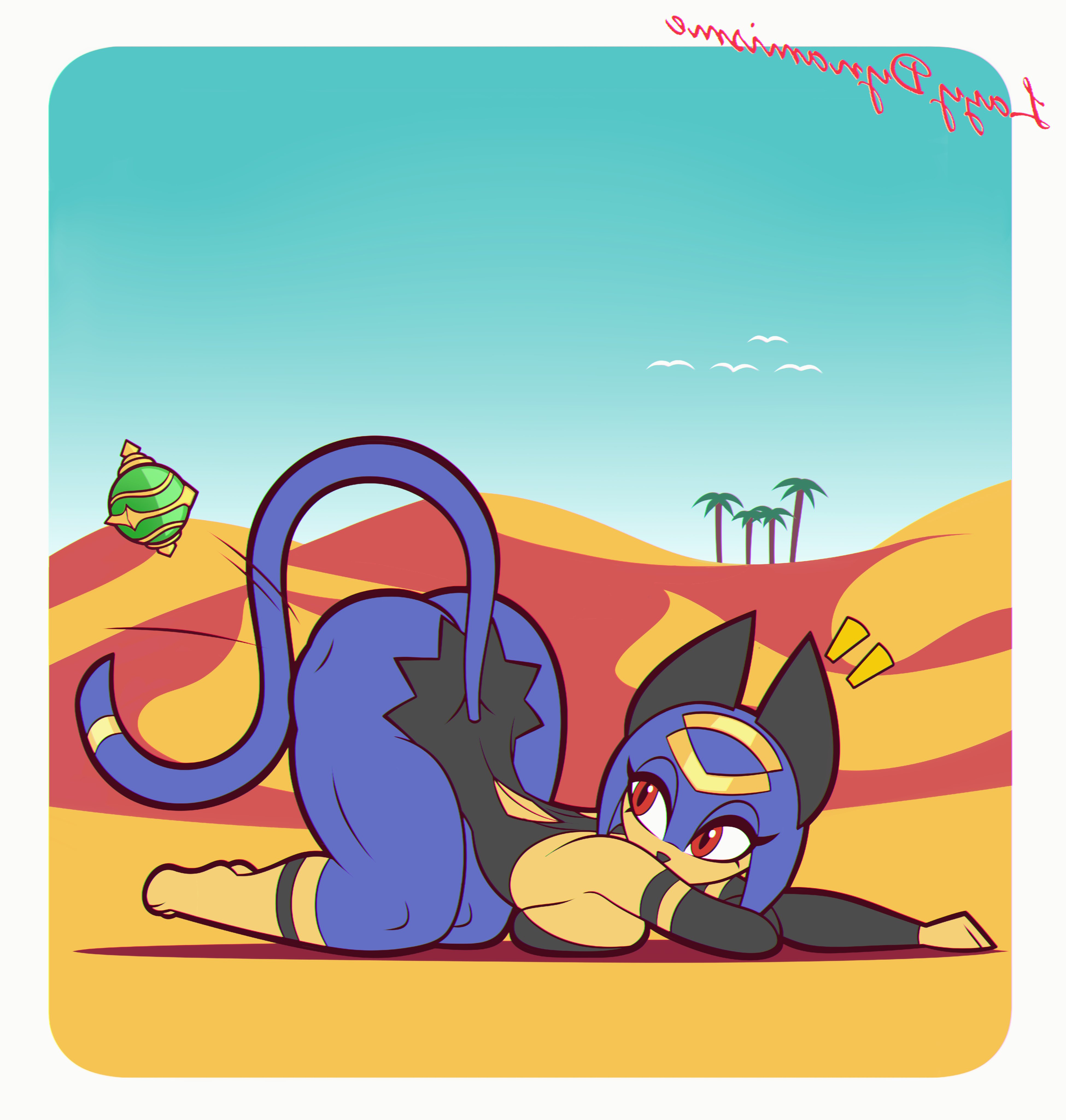 absurd res, all fours, anthro, ass up, black clothing, black dress, black nose, blue body, blue hair, breasts, butt, clothing, desert, dress, eyelashes, felid, feline, female, hair, hi res, lazydynamisme, mammal, multicolored body, pal (species), pal sphere, palworld, pocketpair, red eyes, sekhmet (pal), short hair, solo, tail, thick thighs, throwing object, two tone body, wide hips, yellow body