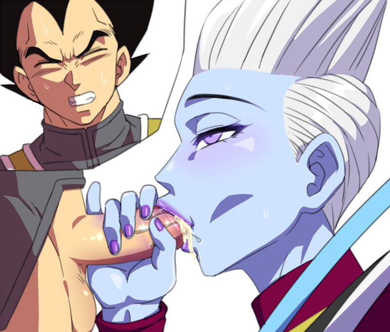 2girls angel_(dragon_ball) boner cum cum_in_mouth cum_inside dragon_ball dragon_ball_super erection fellatio handjob male male_only oral purple_lipstick vegeta whis white_hair yaoi