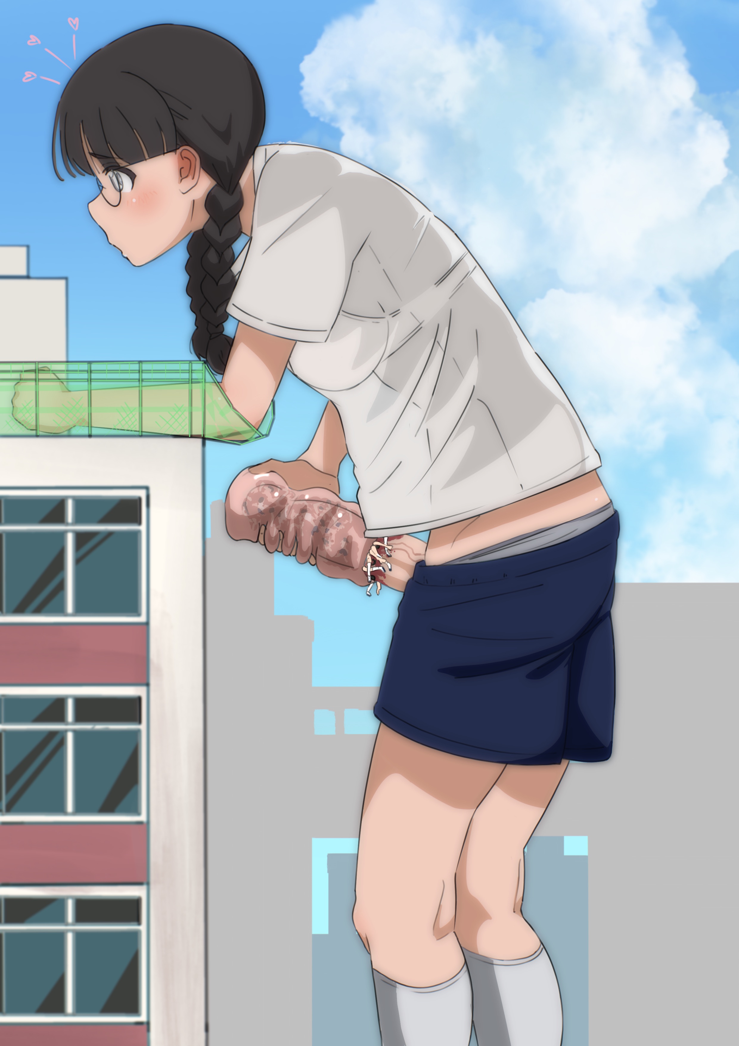 2d, bent over, color, cum, cumming, fist clenched, futanari, giantess, hunched over, macro, masturbation, micro on penis, onahole, penetrable sex toy, schoolgirl, shorts pulled down, snuff, tinies, used like a toy