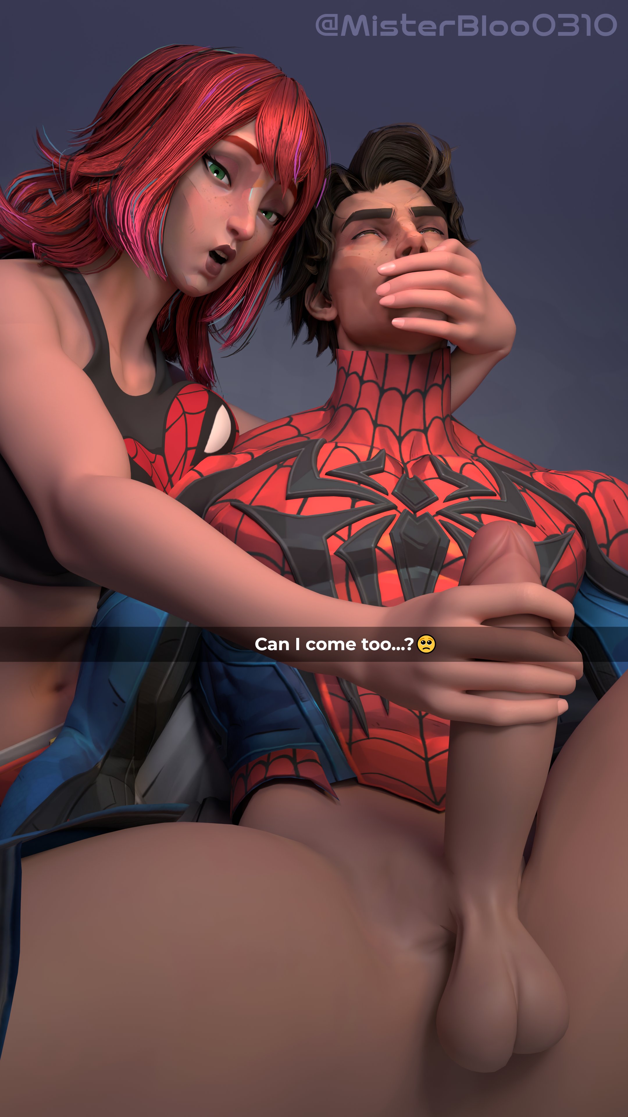 3d, balls, big penis, covering mouth, eyes closed, femdom, freckles, handjob, marvel, marvel comics, marvel rivals, mary jane watson, misterbloo0310, partially clothed, partially clothed male, penis, peter parker, redhead, spider-man, spider-man (series), straight